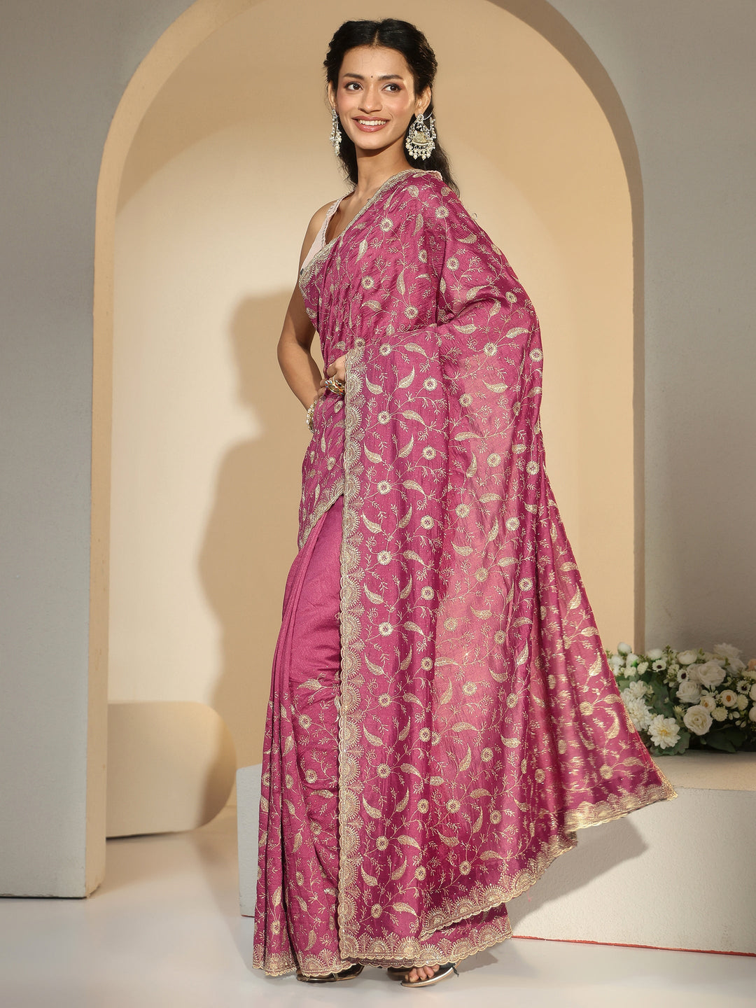  Libas Mauve Floral Embroidered Silk Blend Saree 