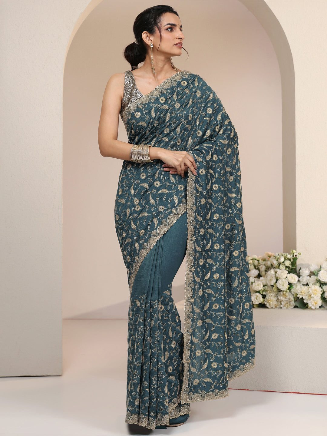  Libas Teal Green Floral Embroidered Silk Blend Saree 