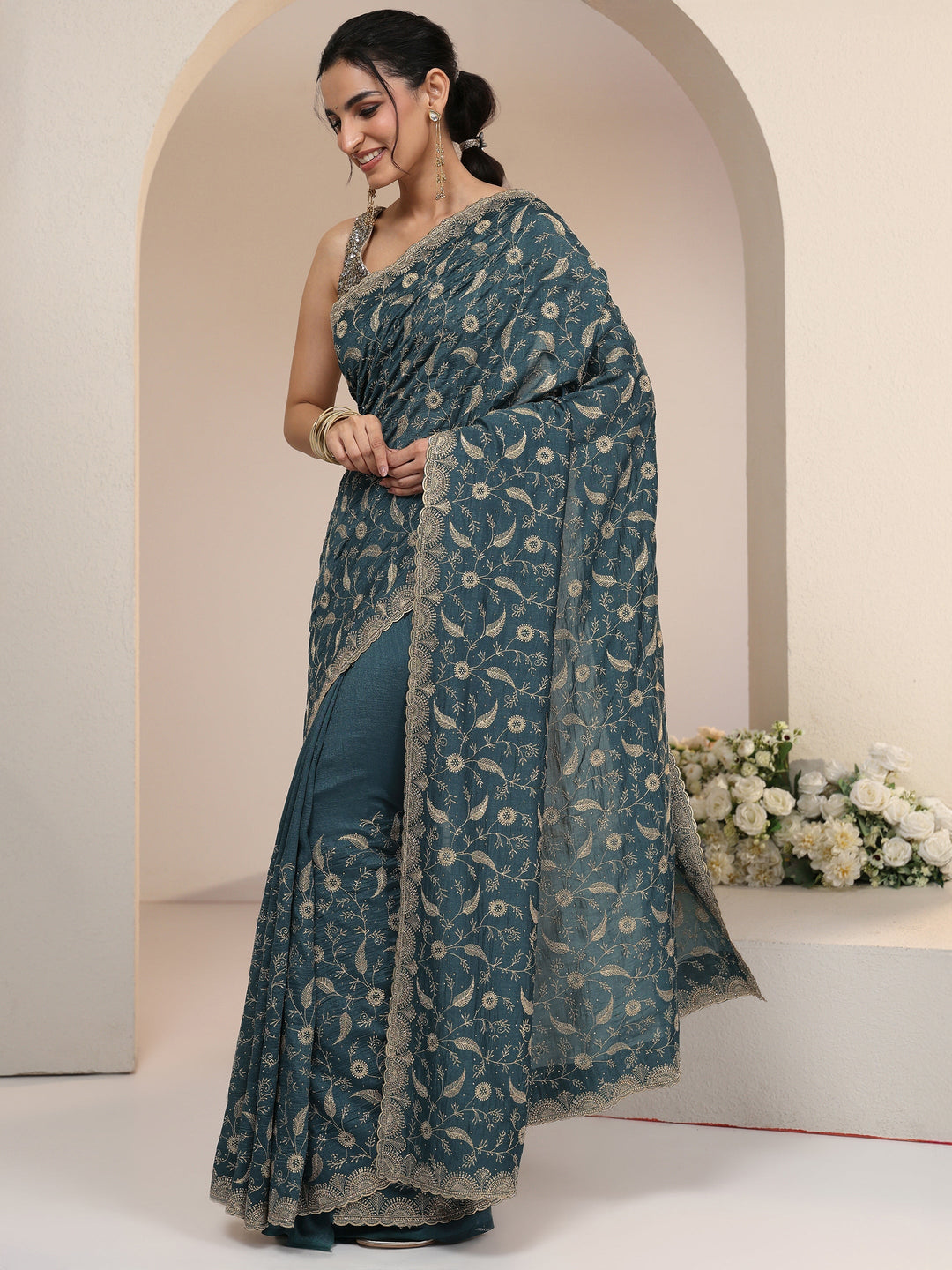  Libas Teal Green Floral Embroidered Silk Blend Saree 