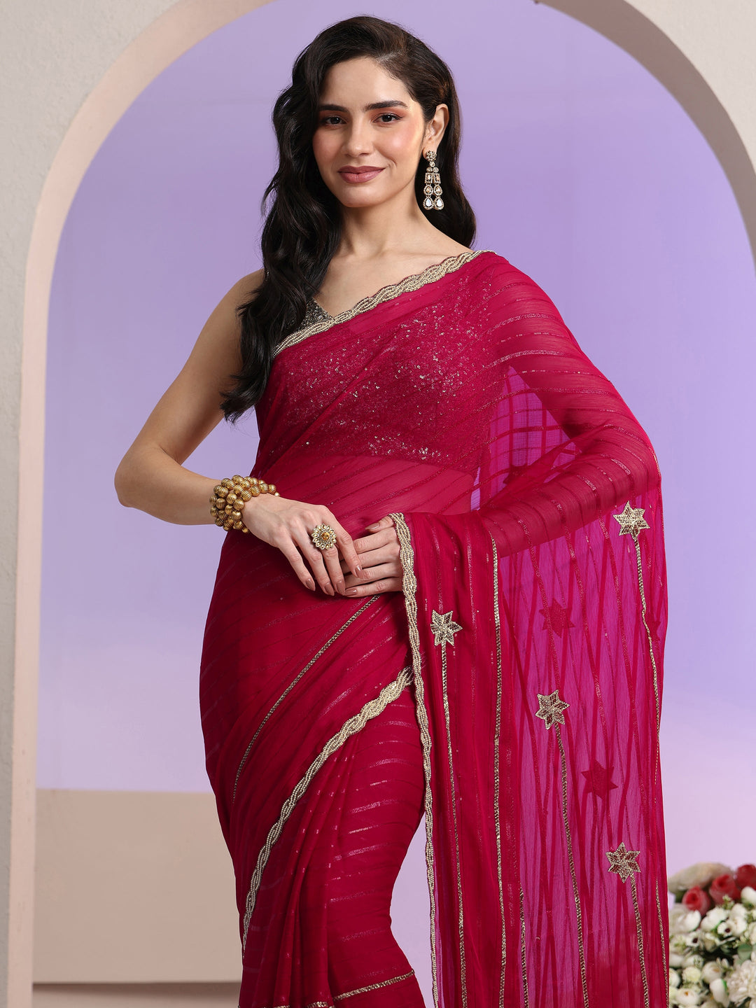  Libas Rani Pink Striped Embellished Chiffon Saree 