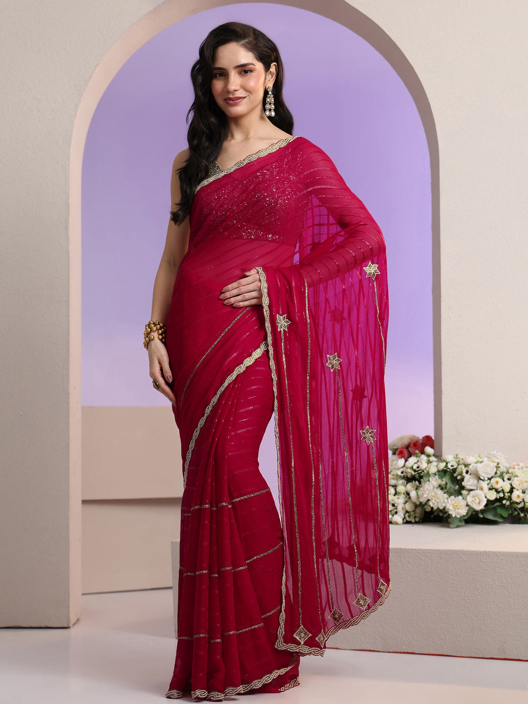  Libas Rani Pink Striped Embellished Chiffon Saree 