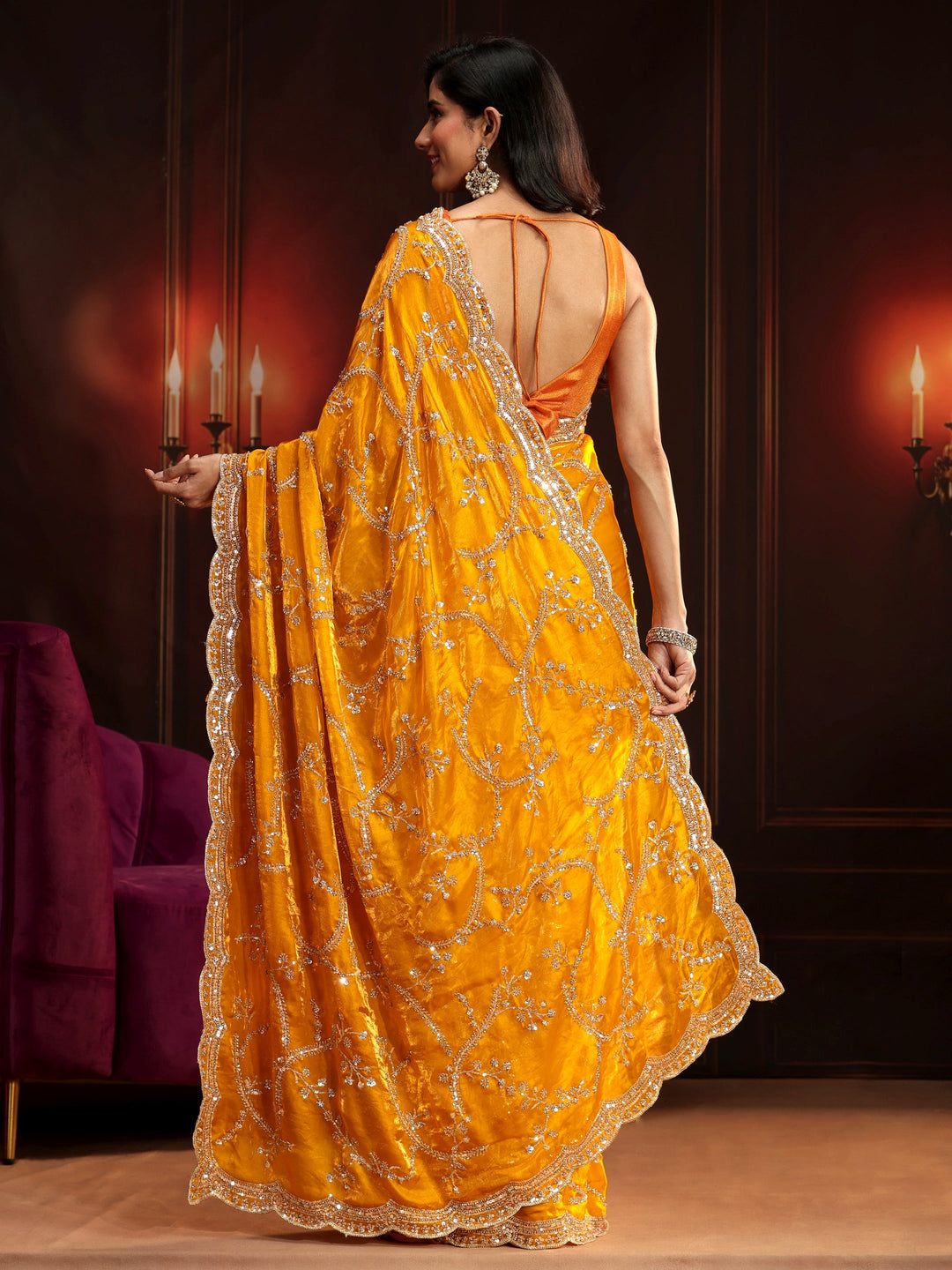  Libas Art Bright Mustard Embellished Tissue Saree 