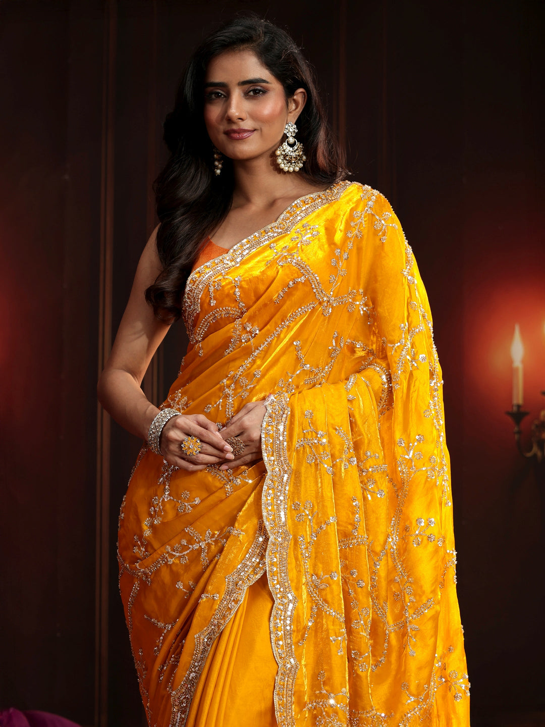  Libas Art Bright Mustard Embellished Tissue Saree 