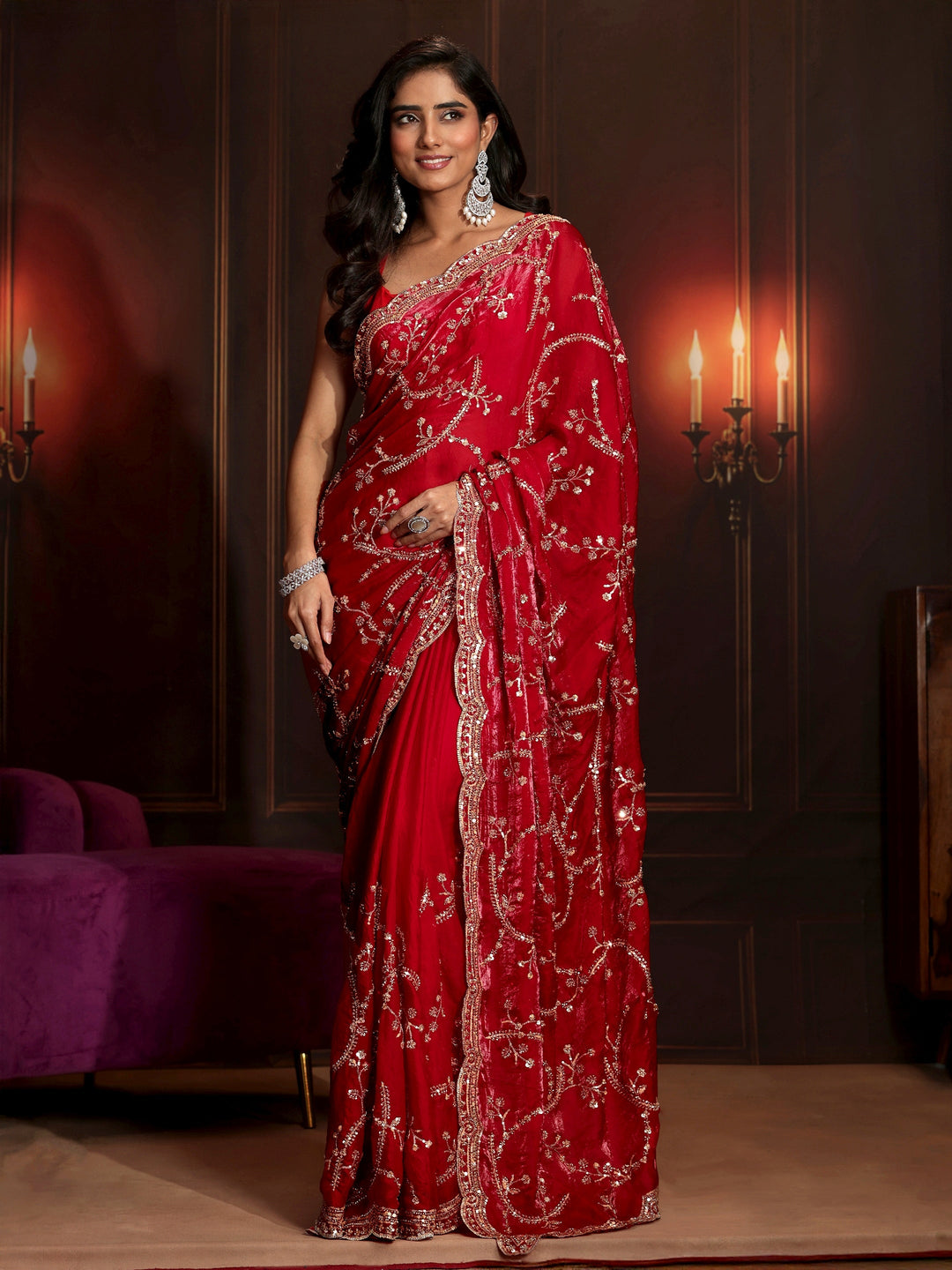  Libas Art Raspberry Pink Embellished Tissue Saree 