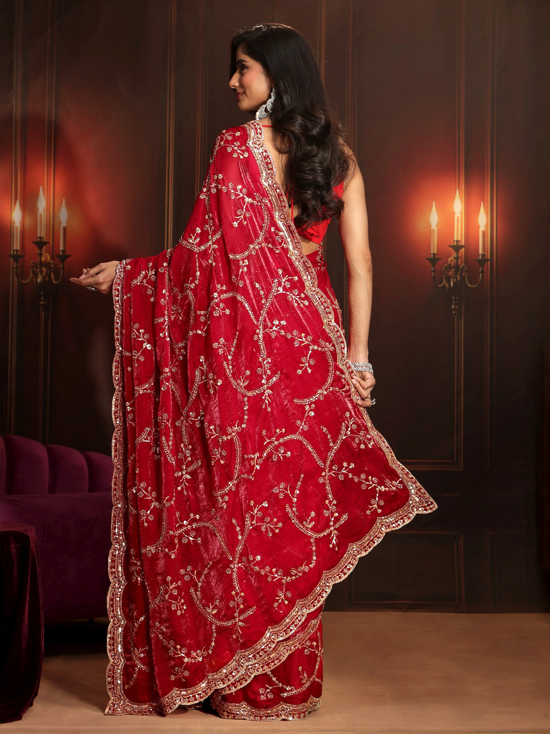  Libas Art Raspberry Pink Embellished Tissue Saree 
