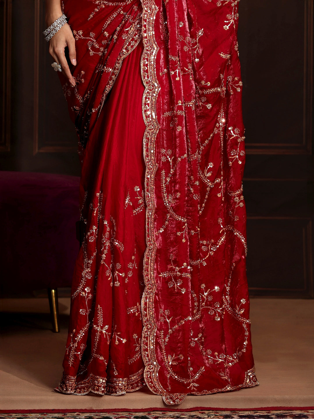  Libas Art Raspberry Pink Embellished Tissue Saree 