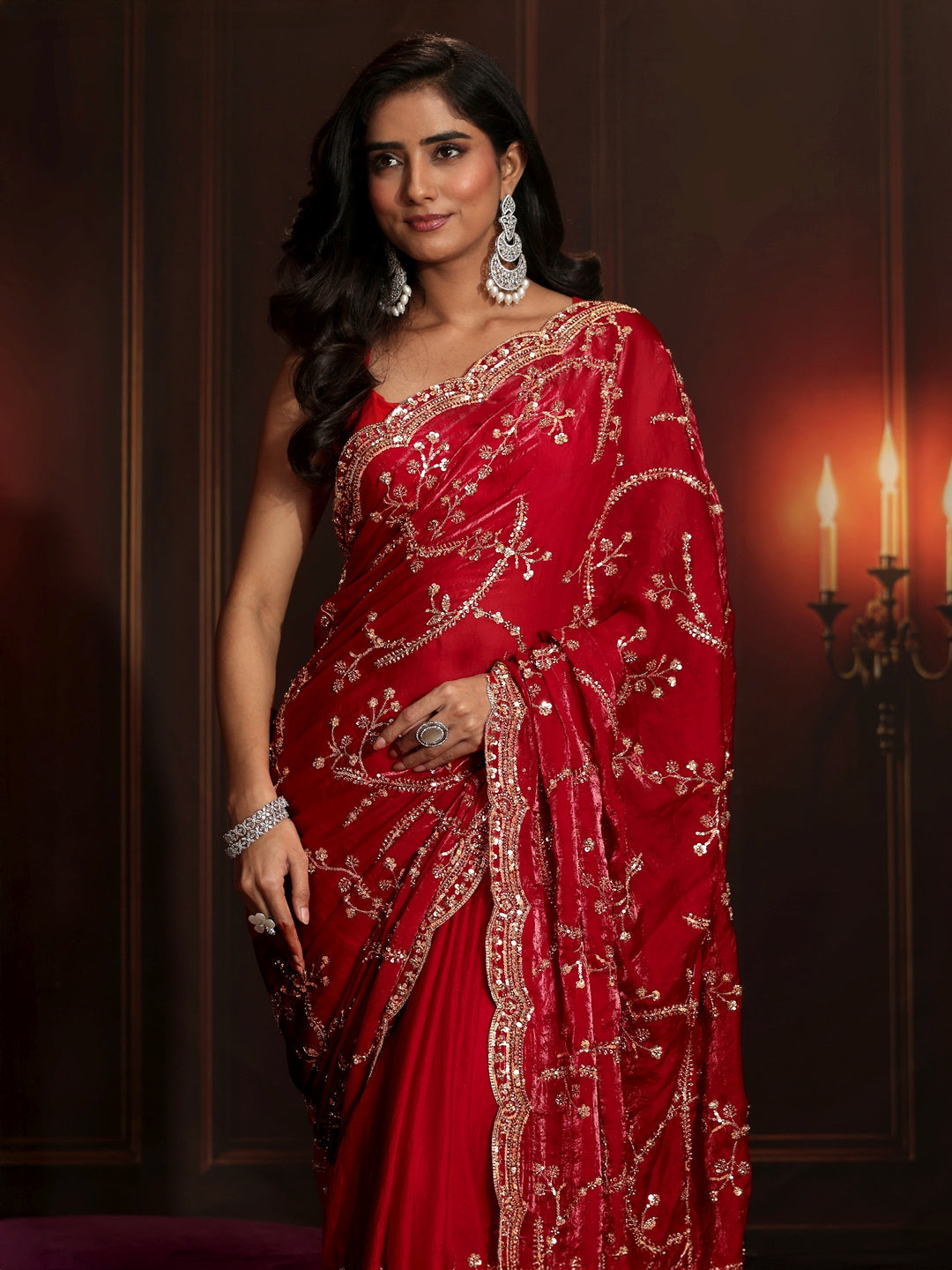  Libas Art Raspberry Pink Embellished Tissue Saree 