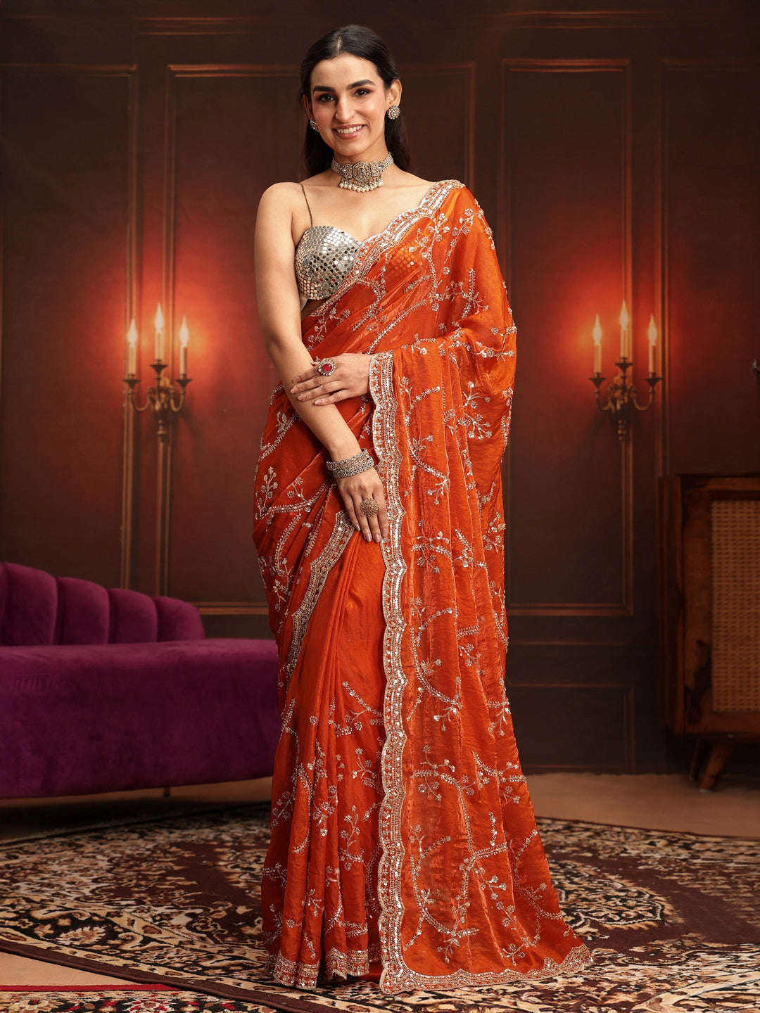  Libas Art Orange Embellished Tissue Saree 