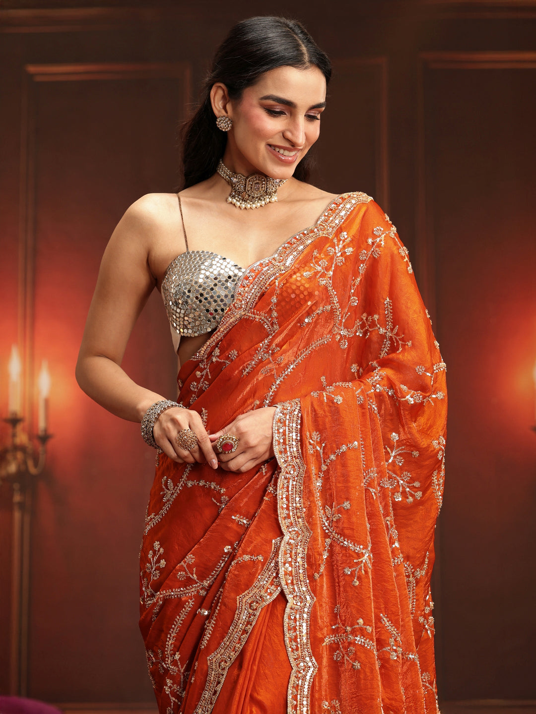  Libas Art Orange Embellished Tissue Saree 