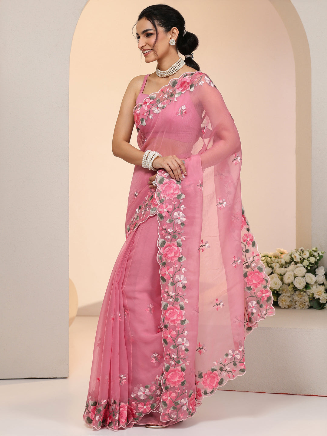  Libas Rose Pink Floral Embroidered Chiffon Saree with Scalloped Border 