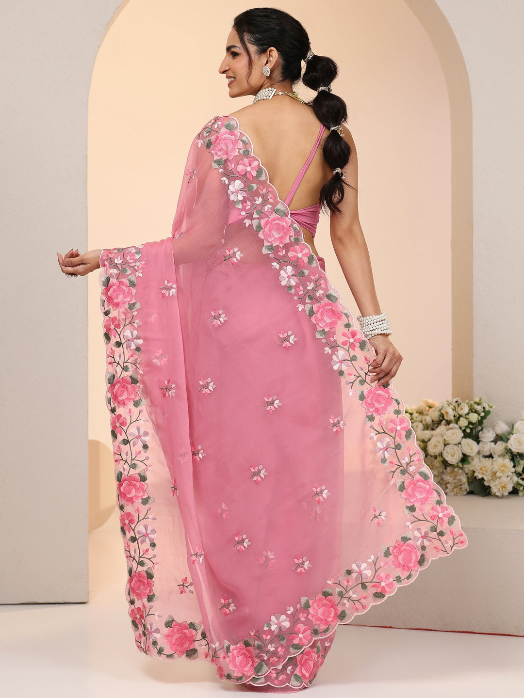  Libas Rose Pink Floral Embroidered Chiffon Saree with Scalloped Border 