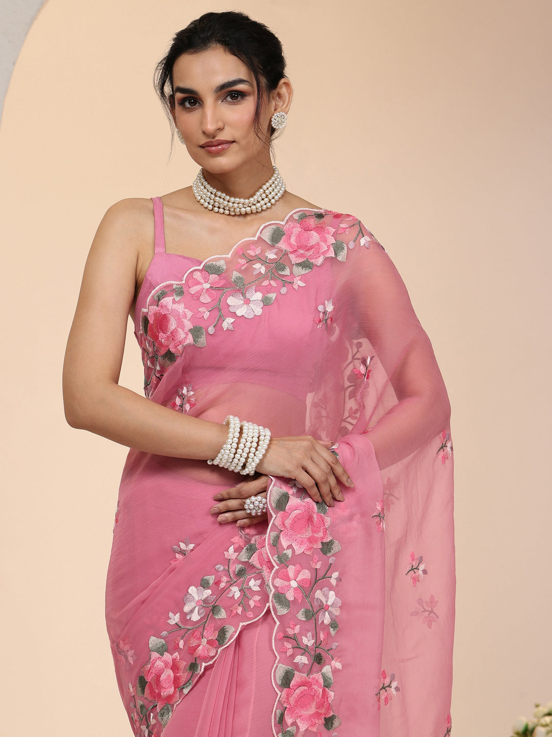  Libas Rose Pink Floral Embroidered Chiffon Saree with Scalloped Border 