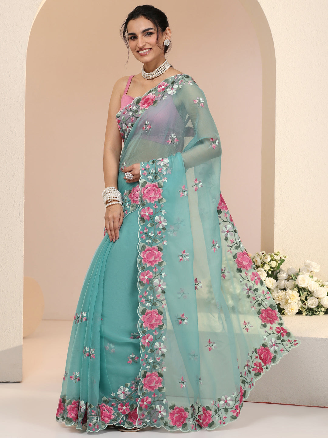  Libas Aqua Blue Floral Embroidered Chiffon Saree with Scalloped Border 
