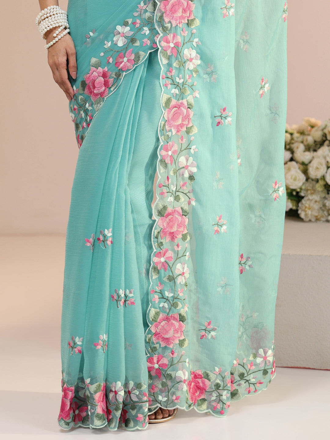  Libas Aqua Blue Floral Embroidered Chiffon Saree with Scalloped Border 