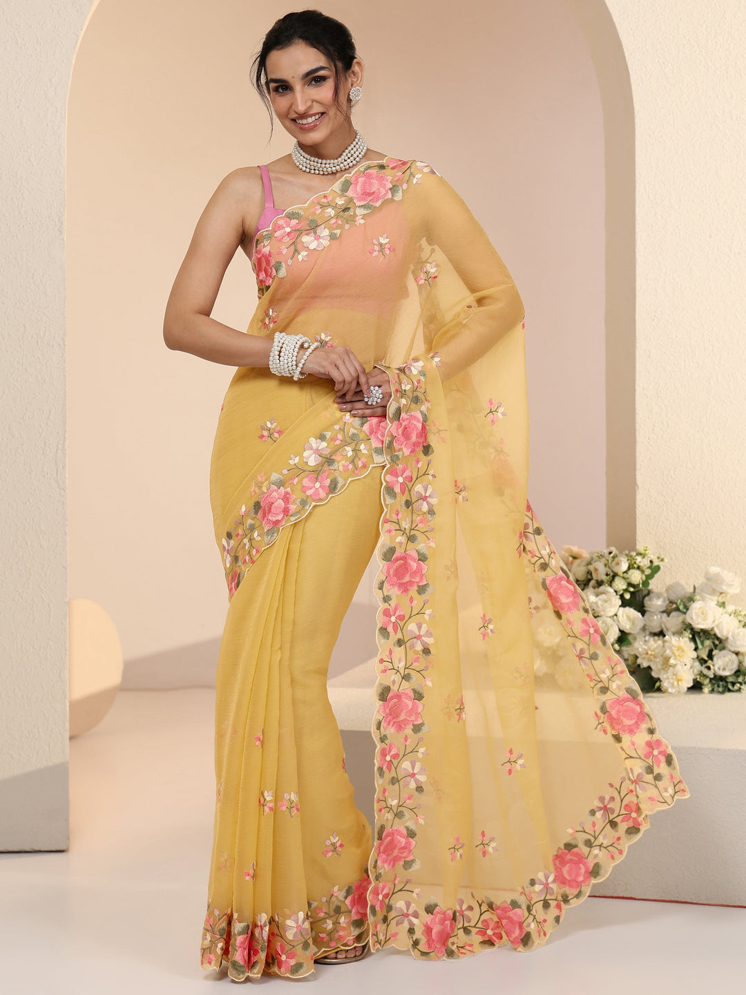  Libas Yellow Floral Embroidered Chiffon Saree with Scalloped Border 