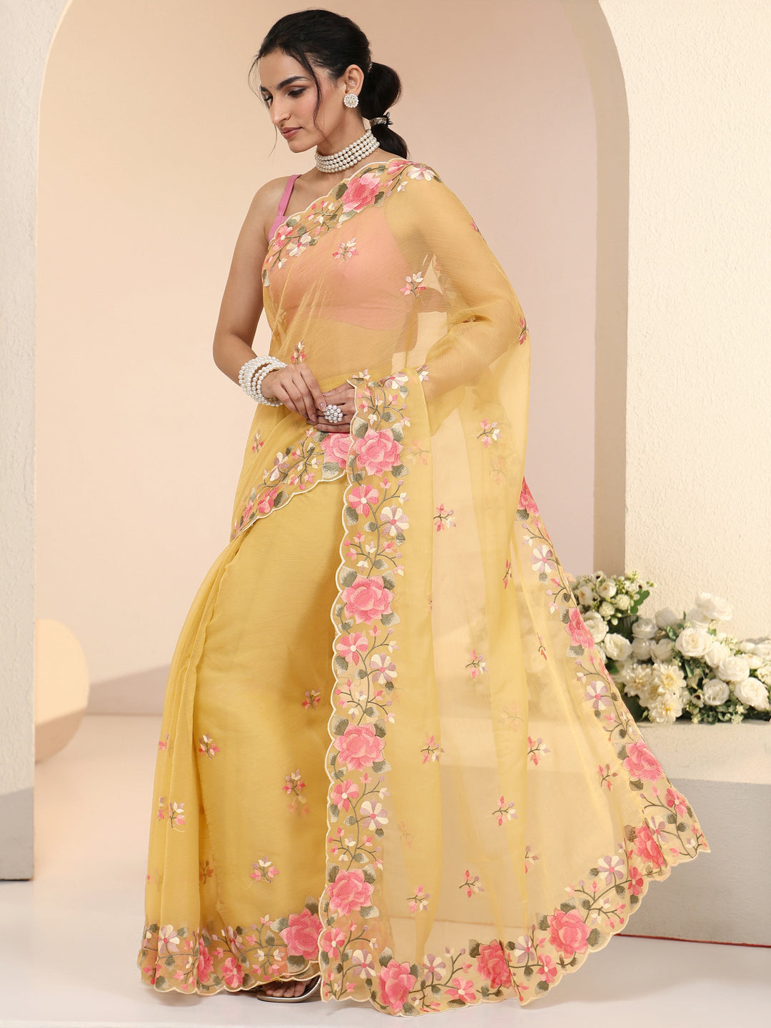  Libas Yellow Floral Embroidered Chiffon Saree with Scalloped Border 