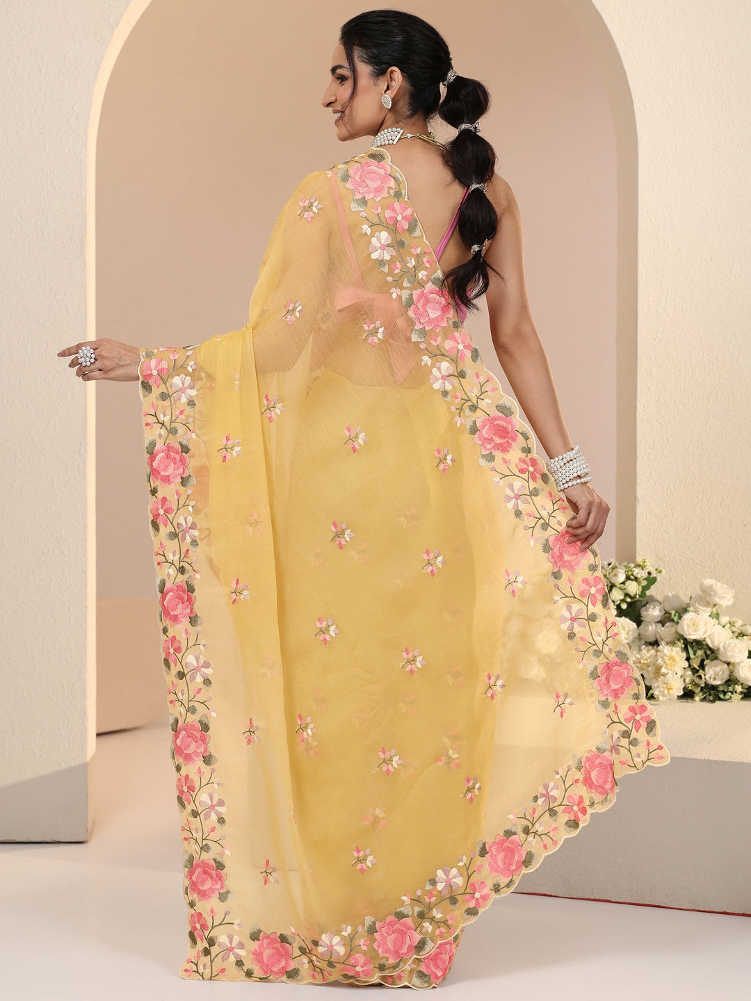  Libas Yellow Floral Embroidered Chiffon Saree with Scalloped Border 