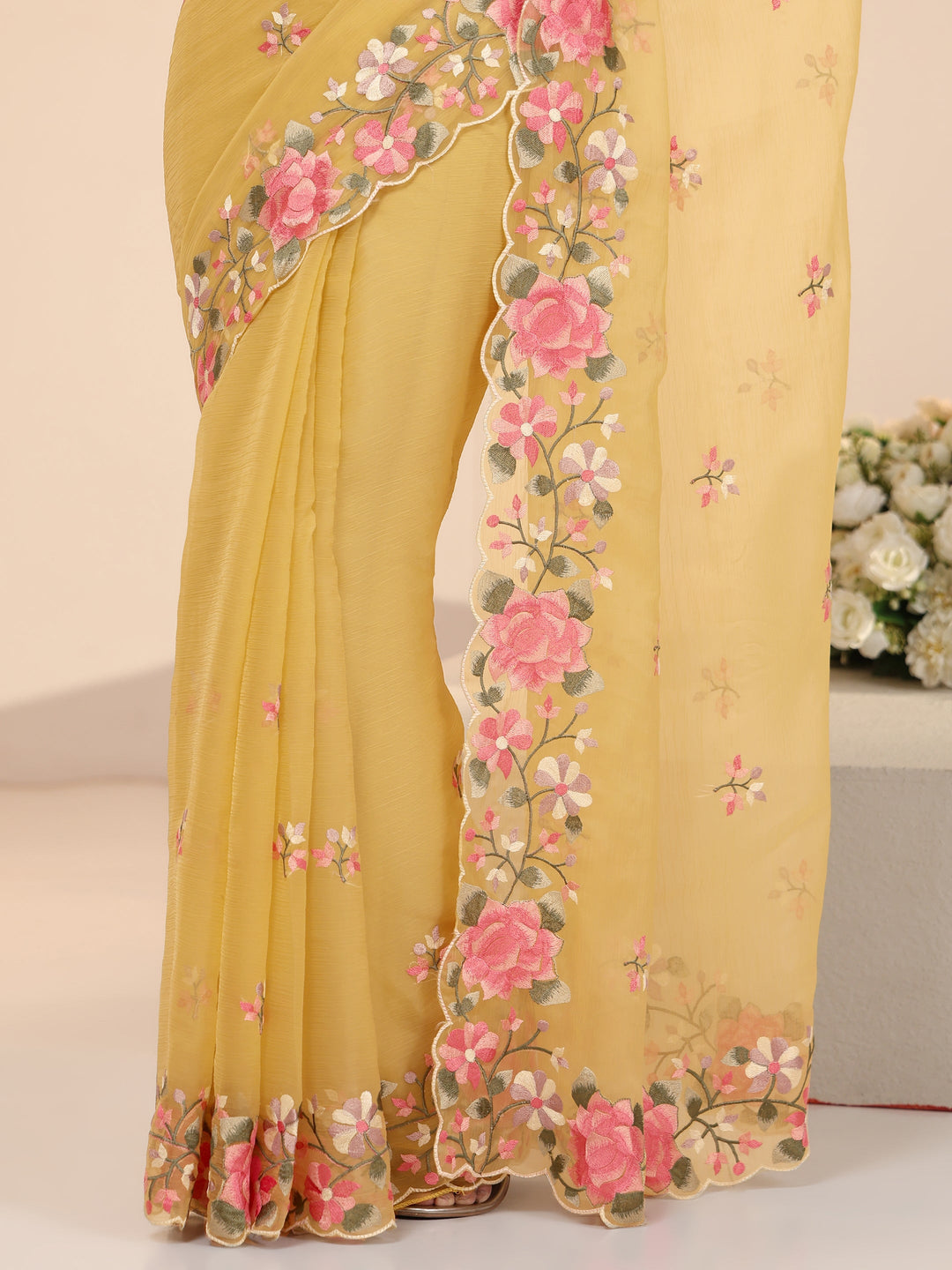  Libas Yellow Floral Embroidered Chiffon Saree with Scalloped Border 