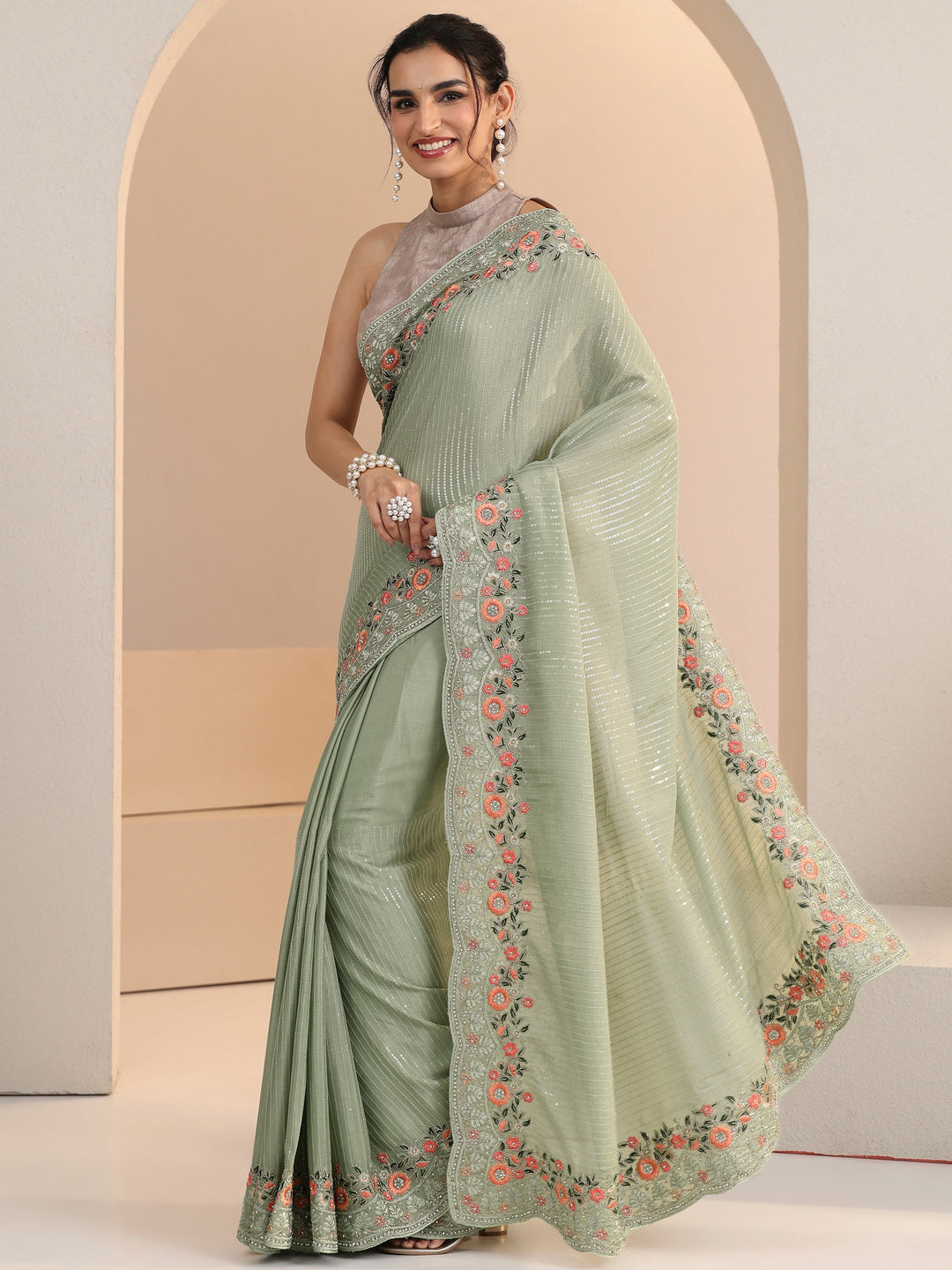  Libas Pista Green Striped Embellished Chiffon Saree with Floral Border 