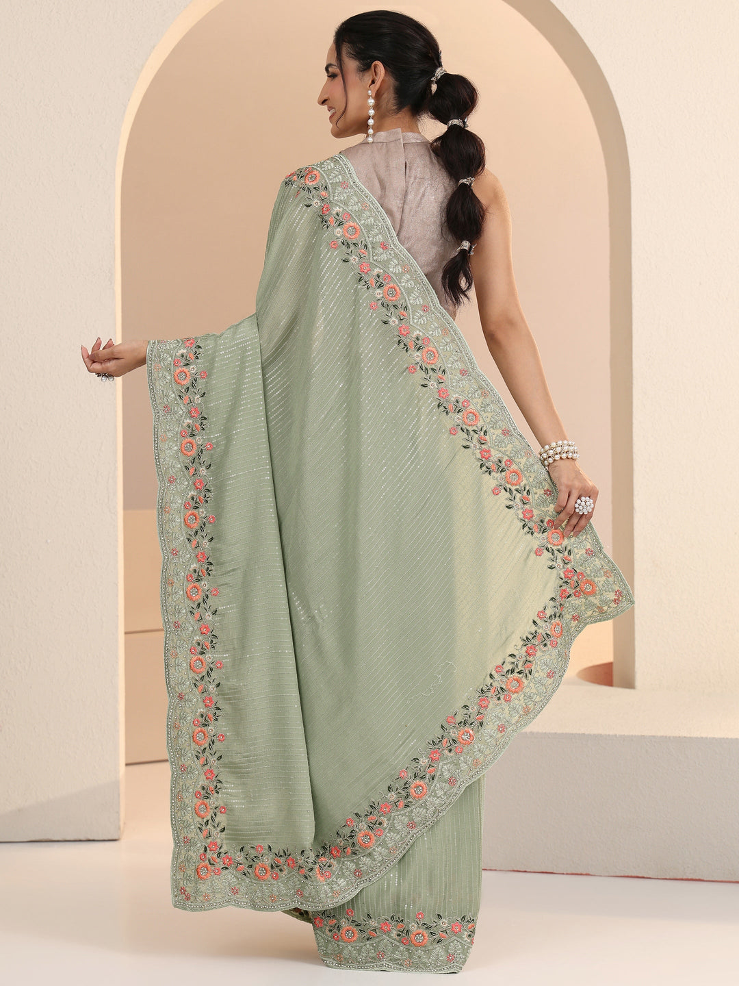  Libas Pista Green Striped Embellished Chiffon Saree with Floral Border 
