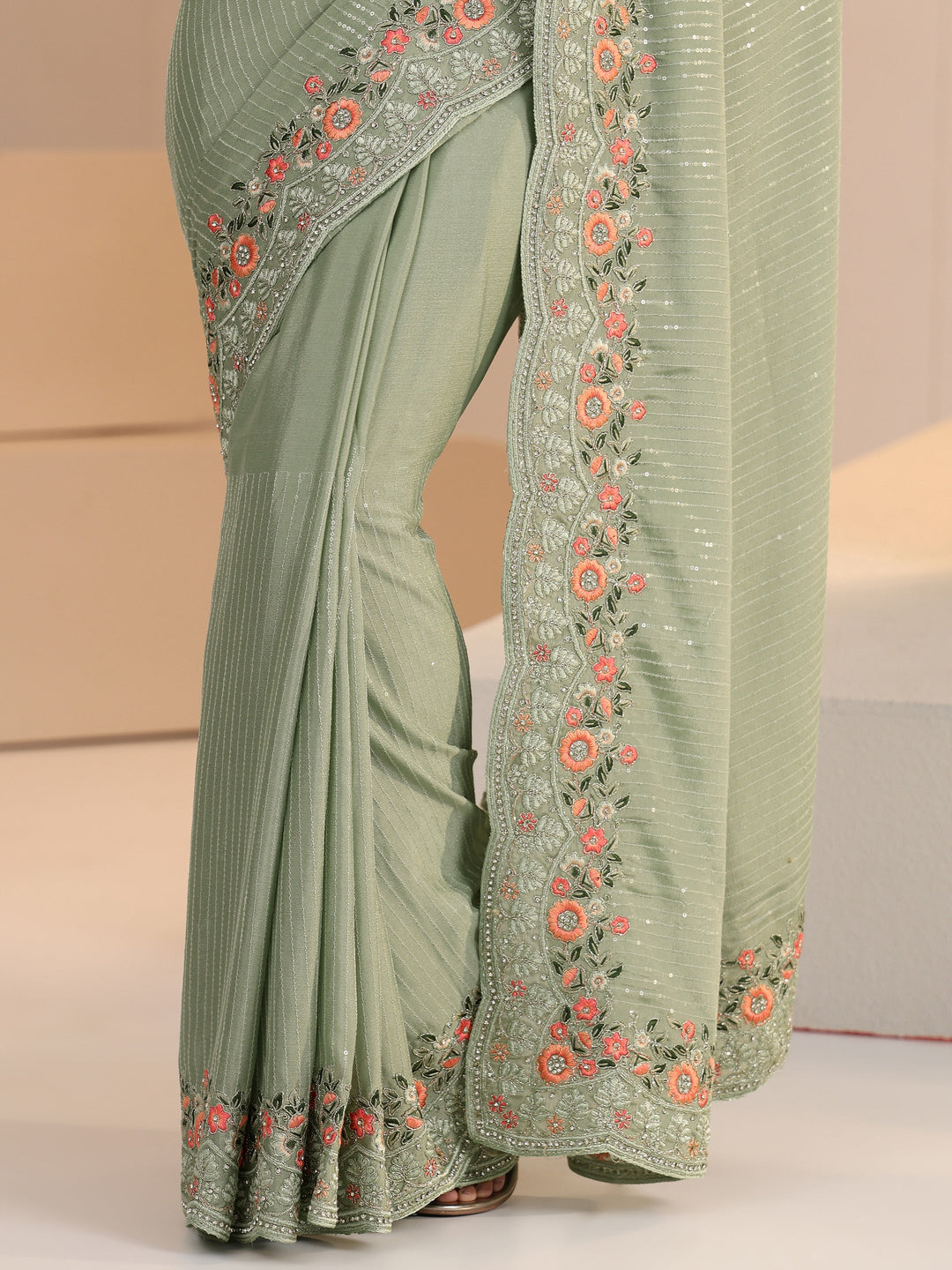  Libas Pista Green Striped Embellished Chiffon Saree with Floral Border 