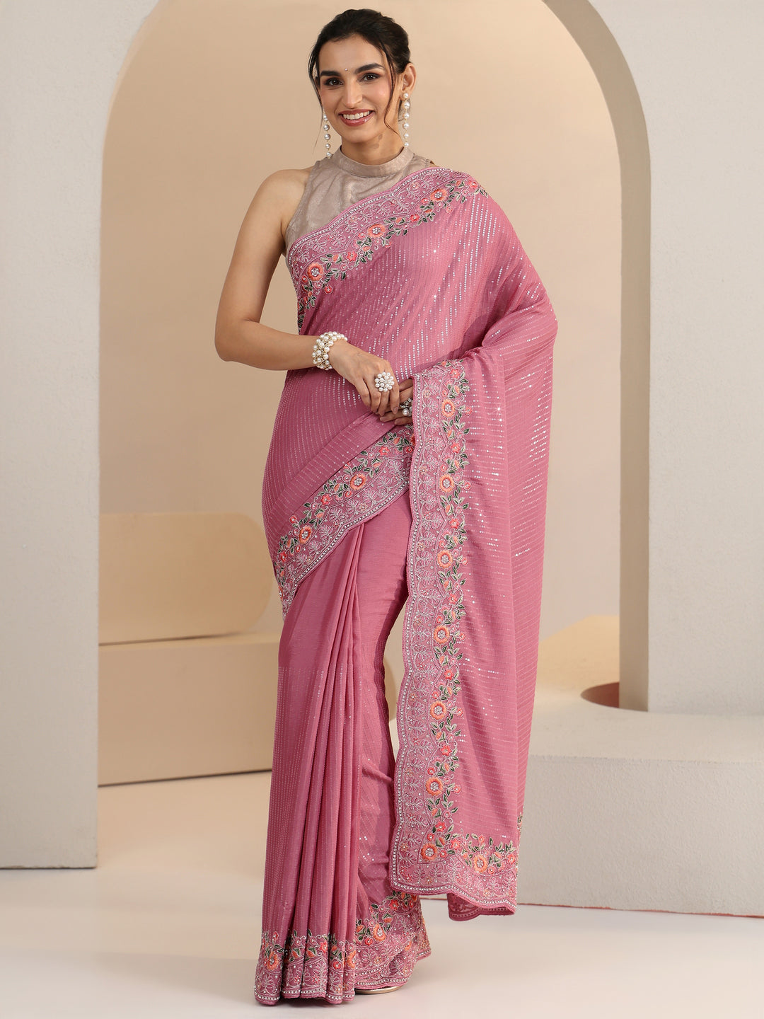  Libas Dusty Rose Pink Sequin Embellished Chiffon Saree with Floral Border 