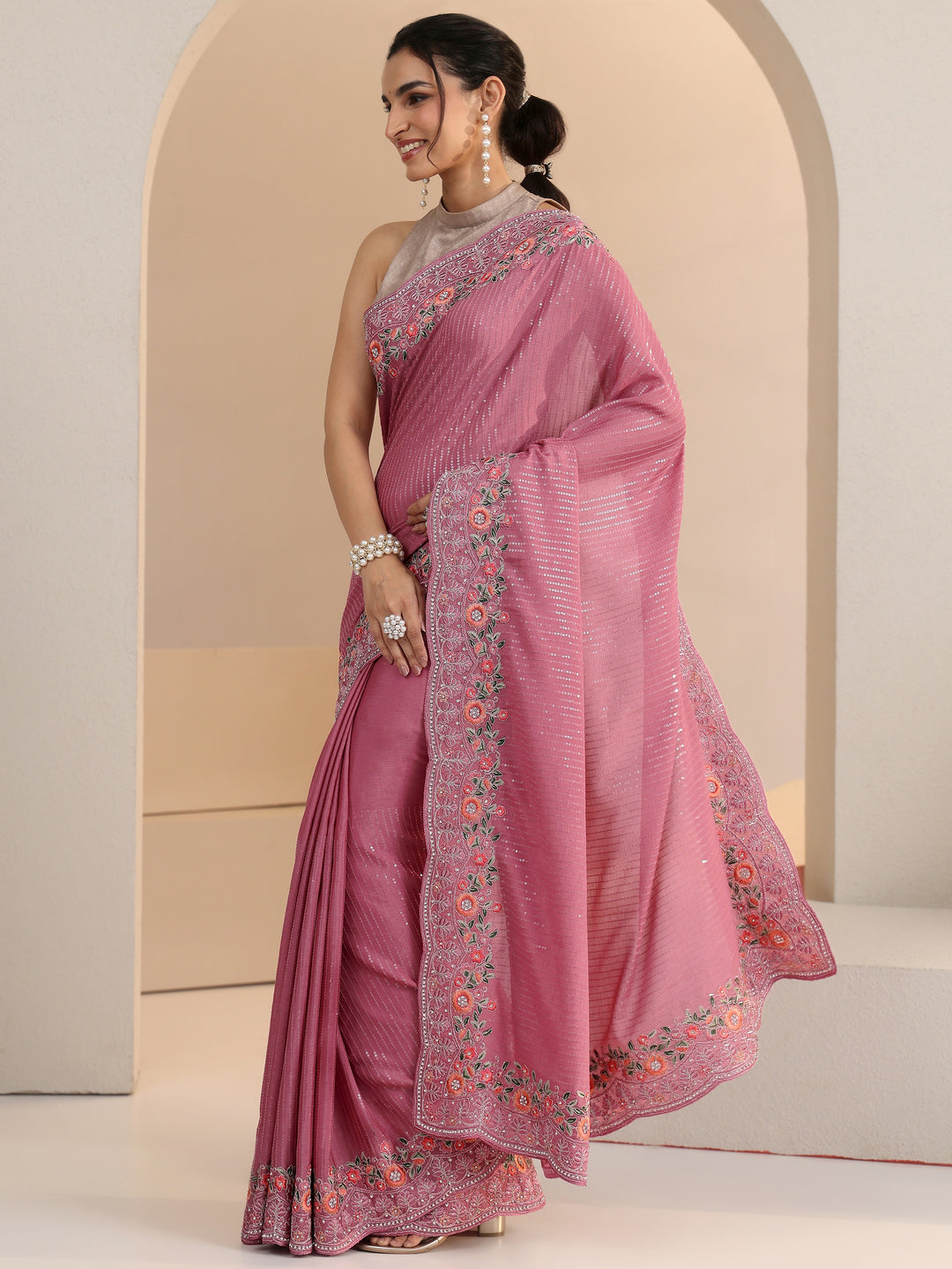  Libas Dusty Rose Pink Sequin Embellished Chiffon Saree with Floral Border 