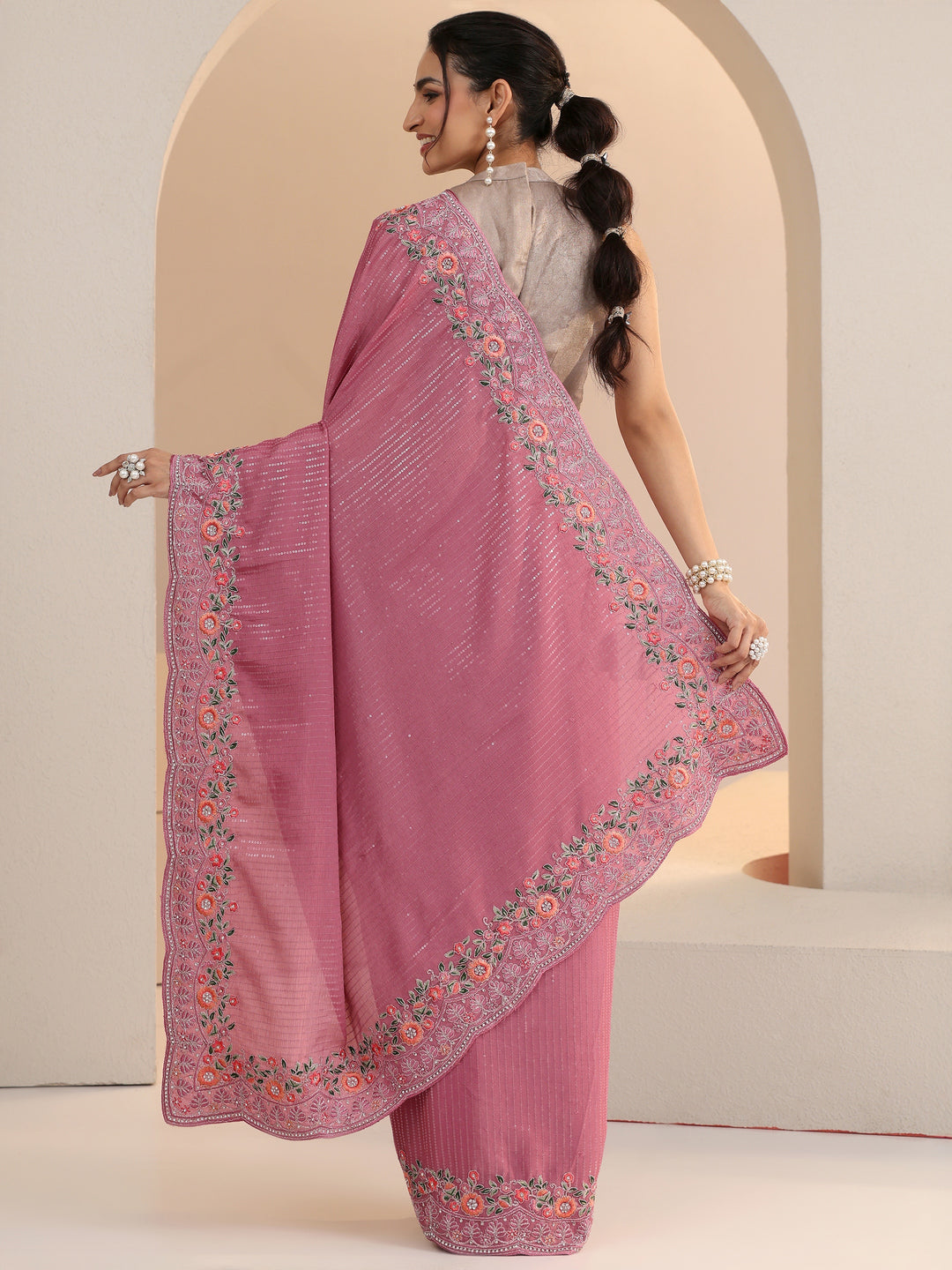  Libas Dusty Rose Pink Sequin Embellished Chiffon Saree with Floral Border 