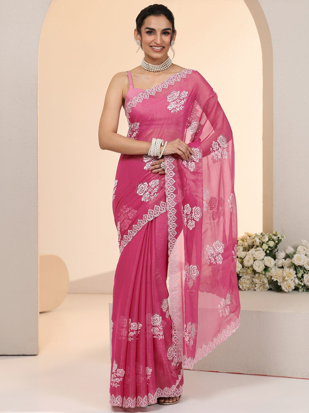  Libas Fuchsia Pink Floral Embroidered Chiffon Saree 