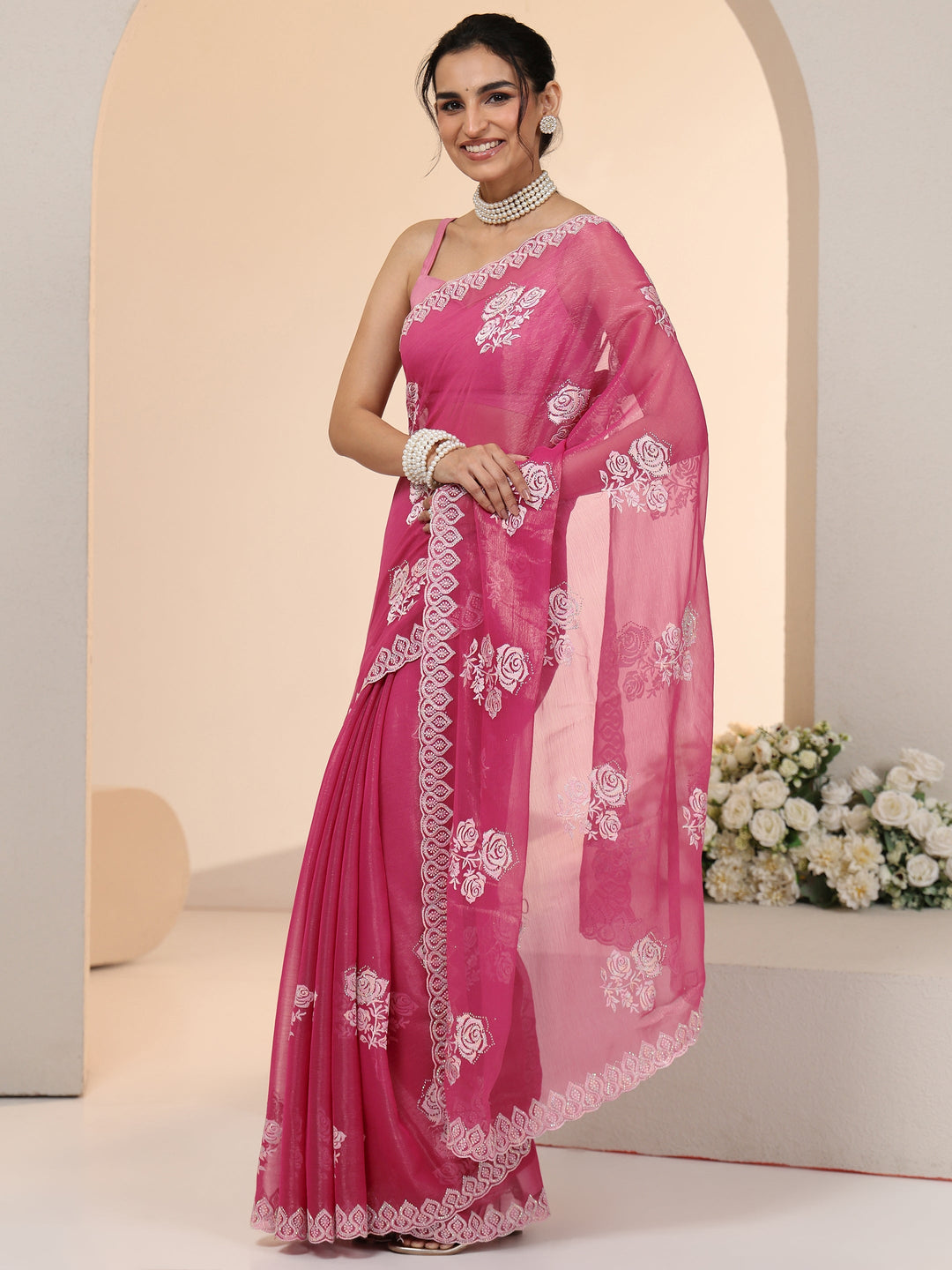  Libas Fuchsia Pink Floral Embroidered Chiffon Saree 