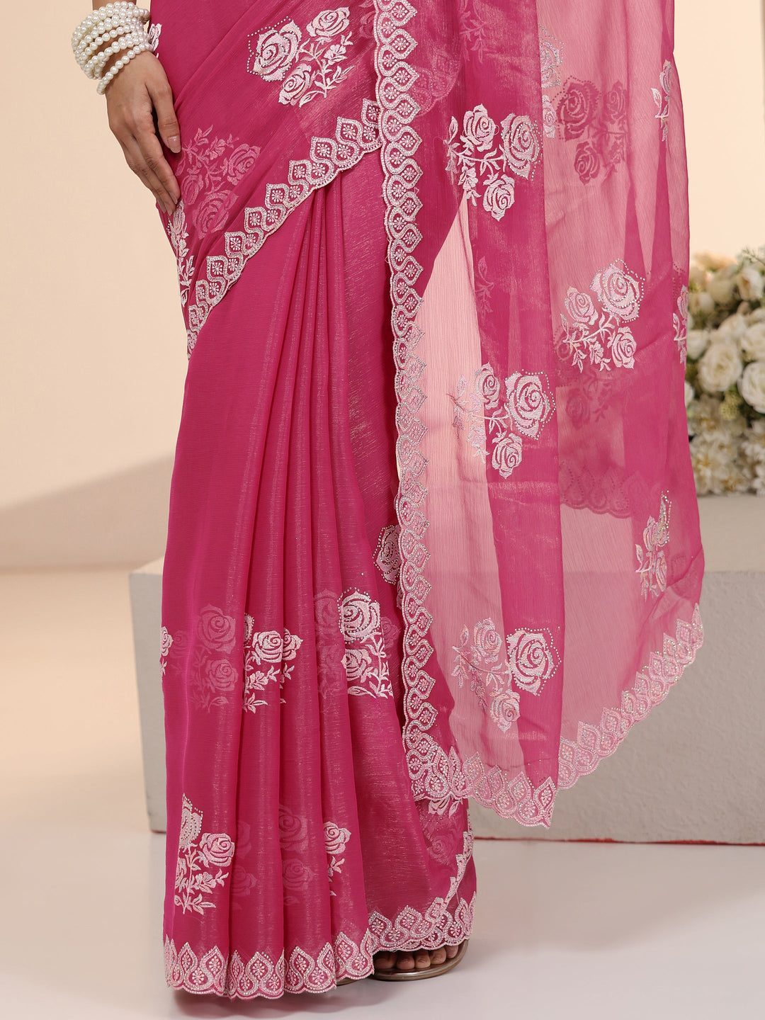  Libas Fuchsia Pink Floral Embroidered Chiffon Saree 