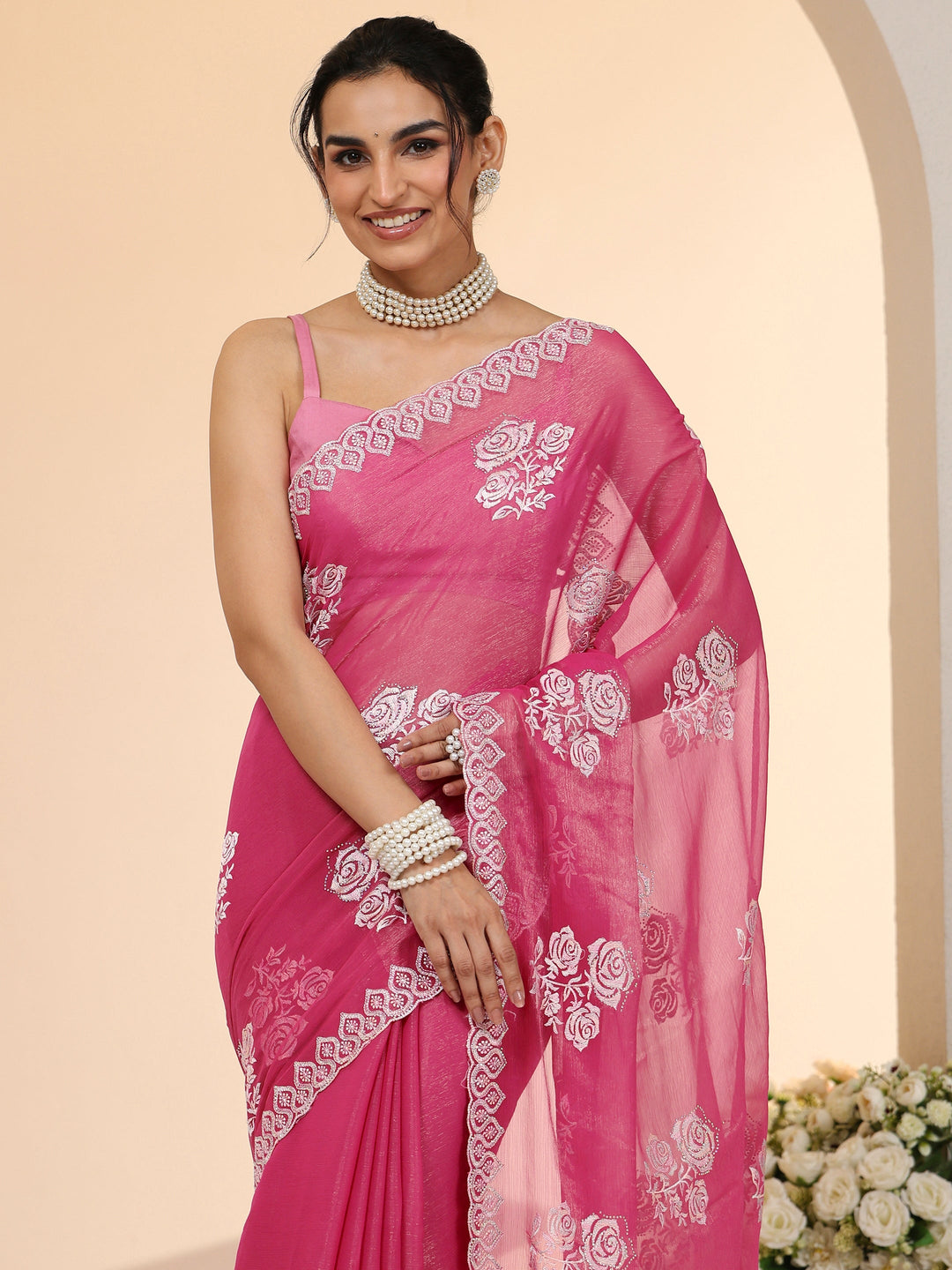  Libas Fuchsia Pink Floral Embroidered Chiffon Saree 