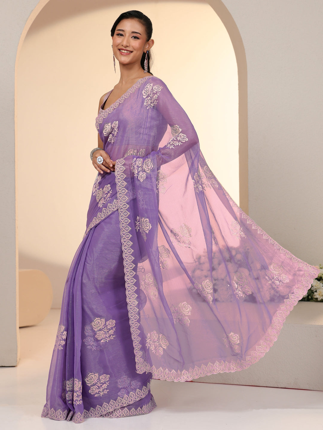  Libas Lavender Floral Embroidered Chiffon Saree 