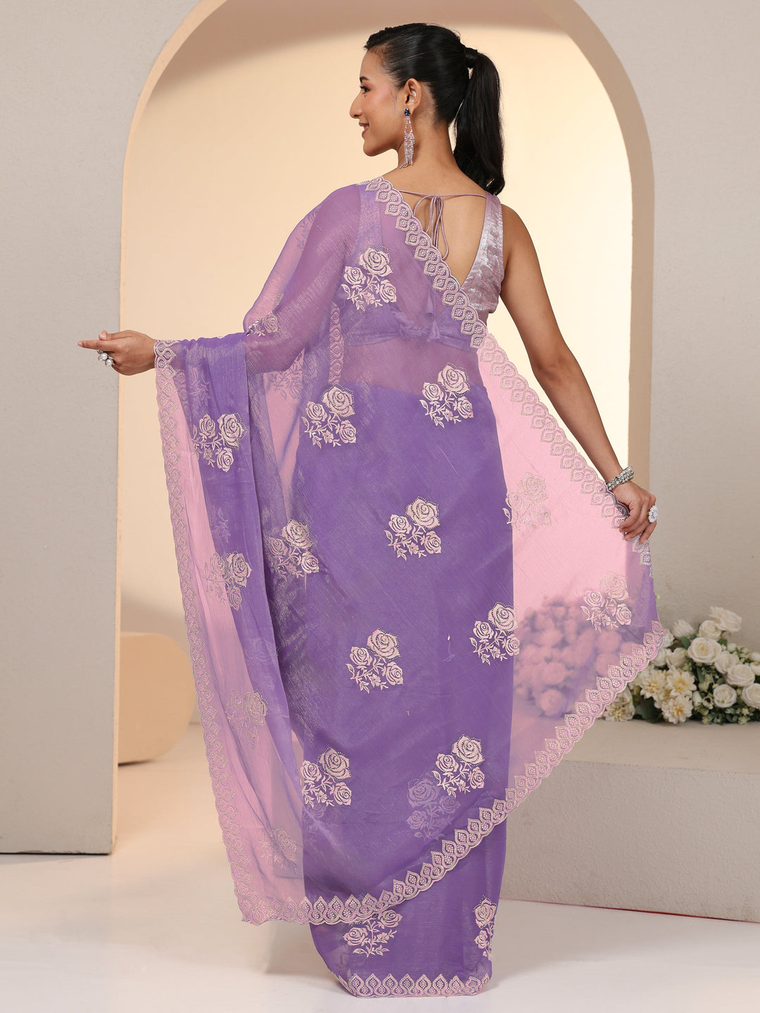  Libas Lavender Floral Embroidered Chiffon Saree 