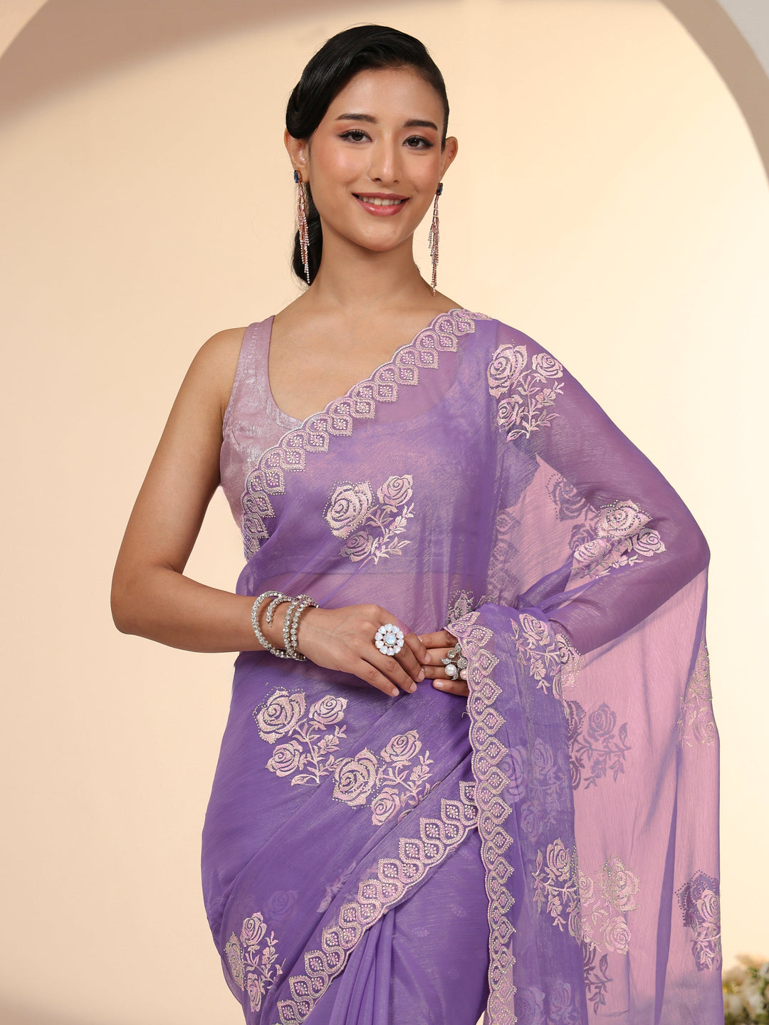  Libas Lavender Floral Embroidered Chiffon Saree 