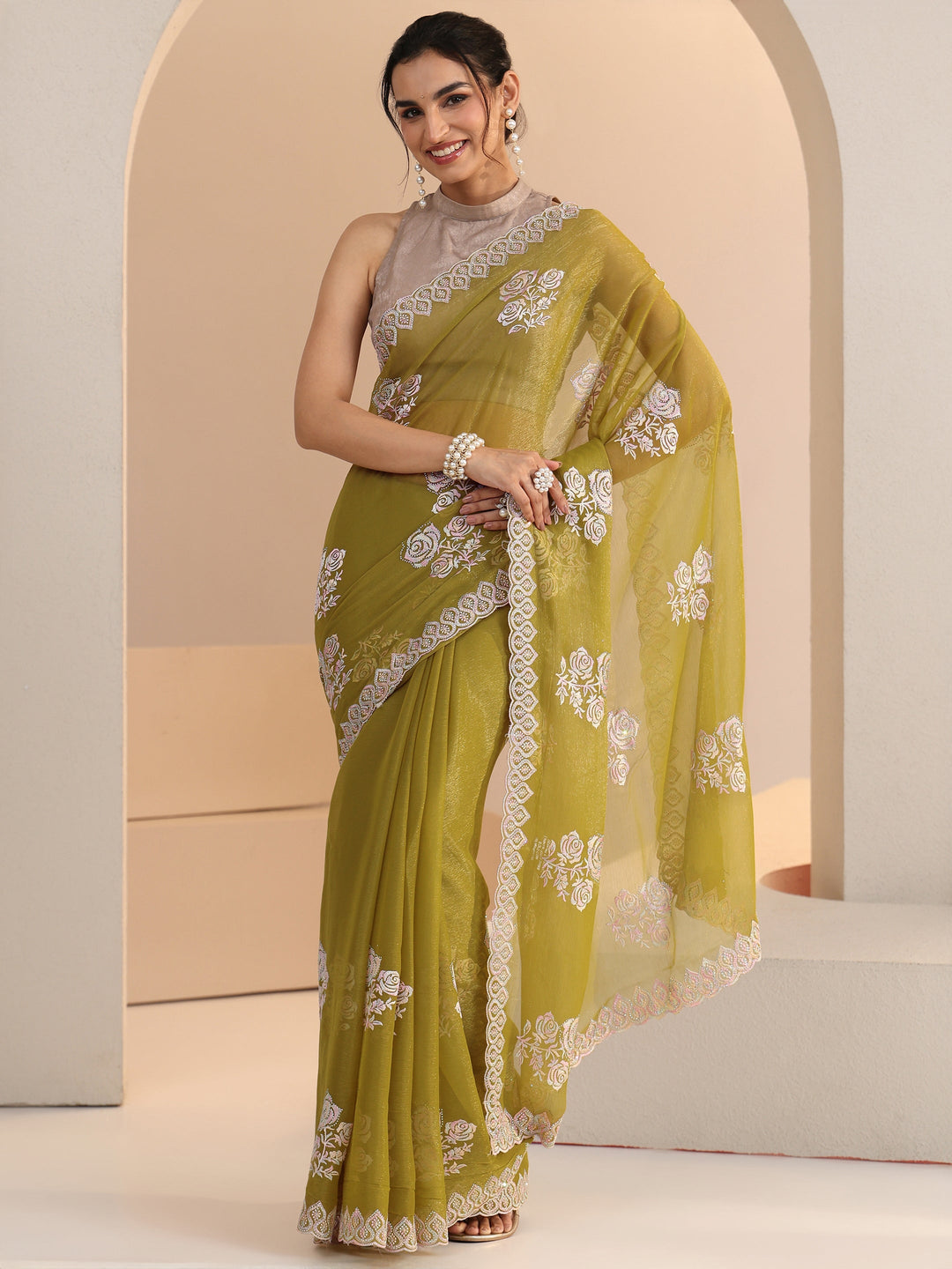  Libas Light Henna Green Floral Embroidered Chiffon Saree 