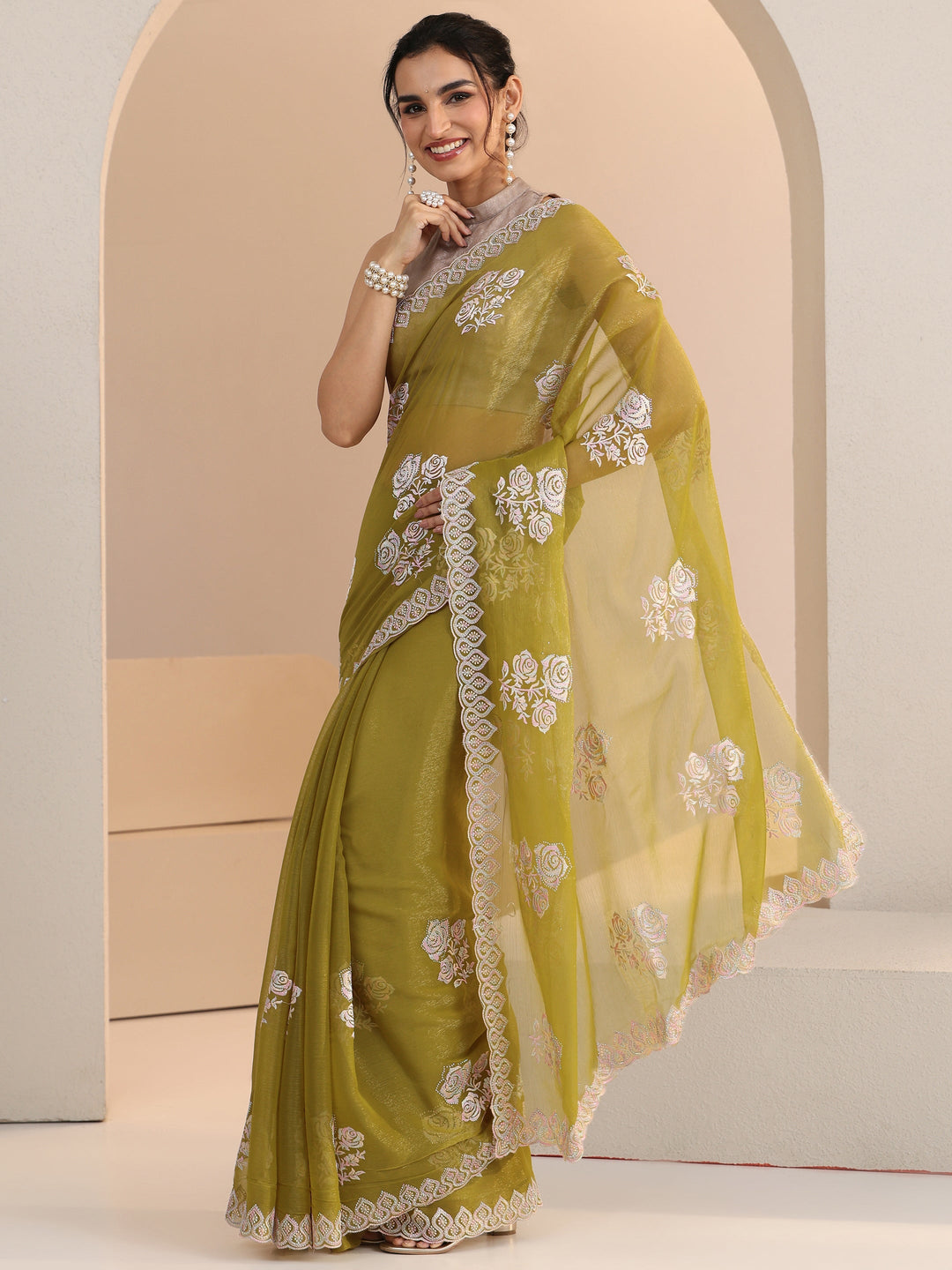  Libas Light Henna Green Floral Embroidered Chiffon Saree 