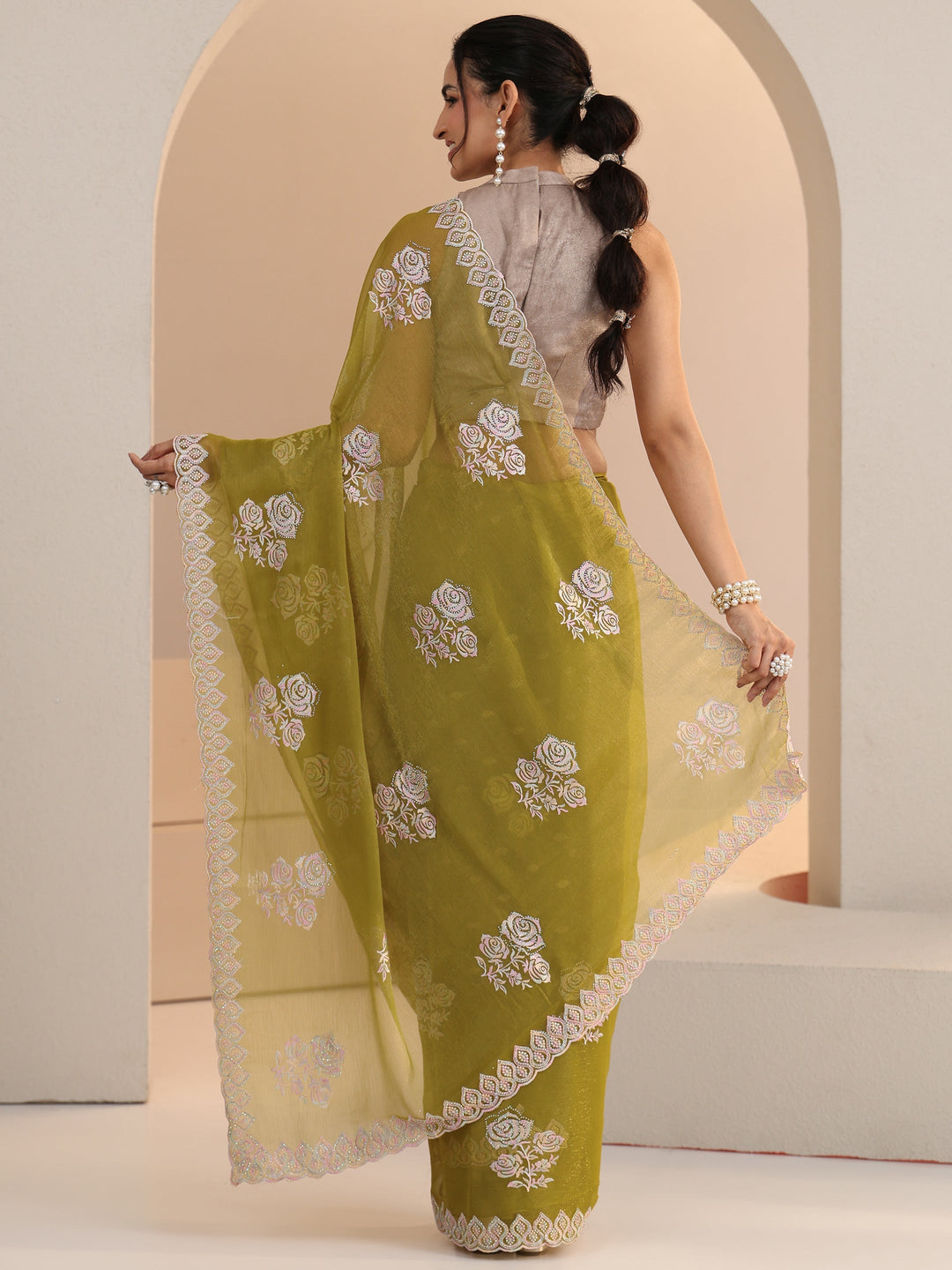  Libas Light Henna Green Floral Embroidered Chiffon Saree 