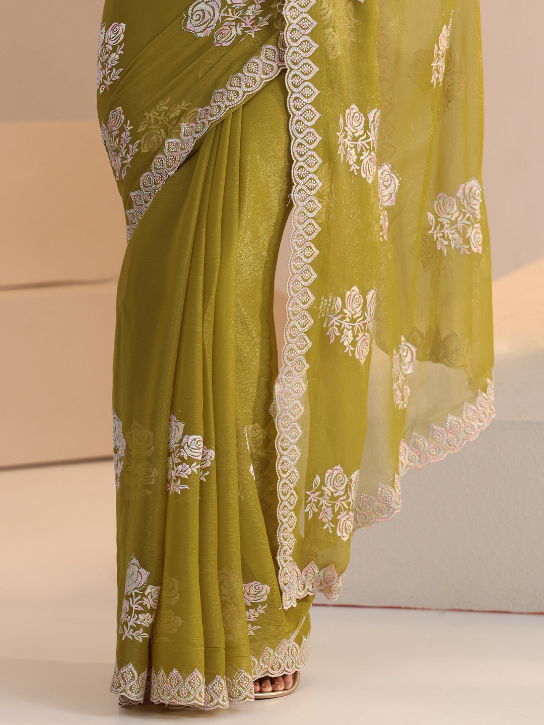  Libas Light Henna Green Floral Embroidered Chiffon Saree 