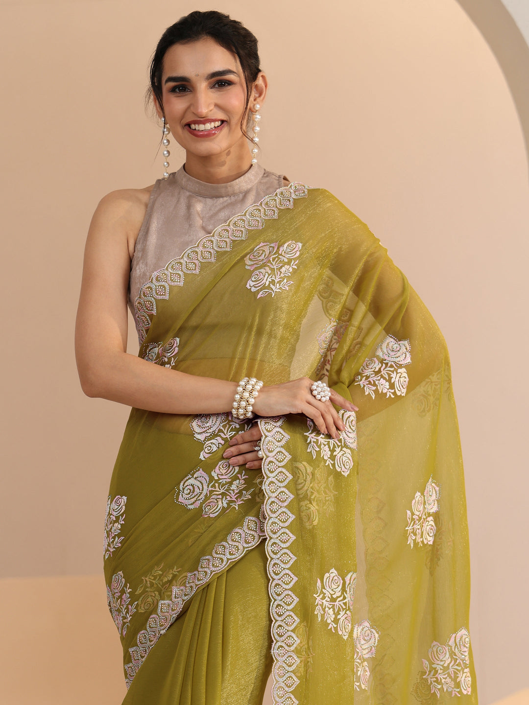  Libas Light Henna Green Floral Embroidered Chiffon Saree 