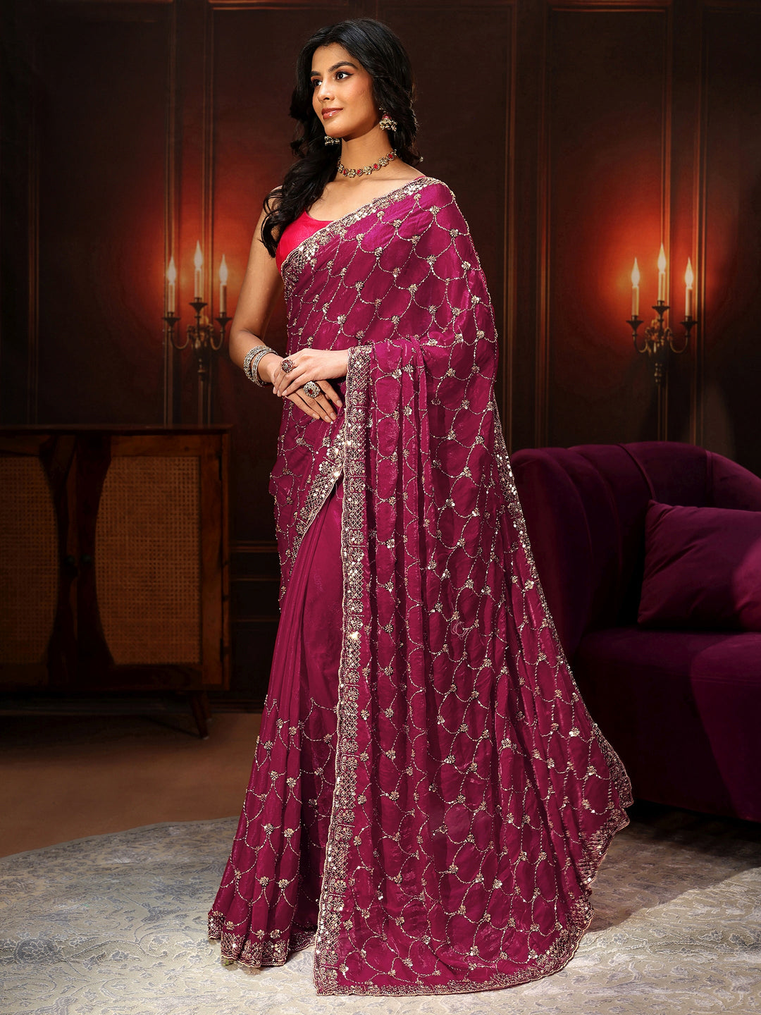  Libas Art Raspberry Pink Embellished Tissue Saree 