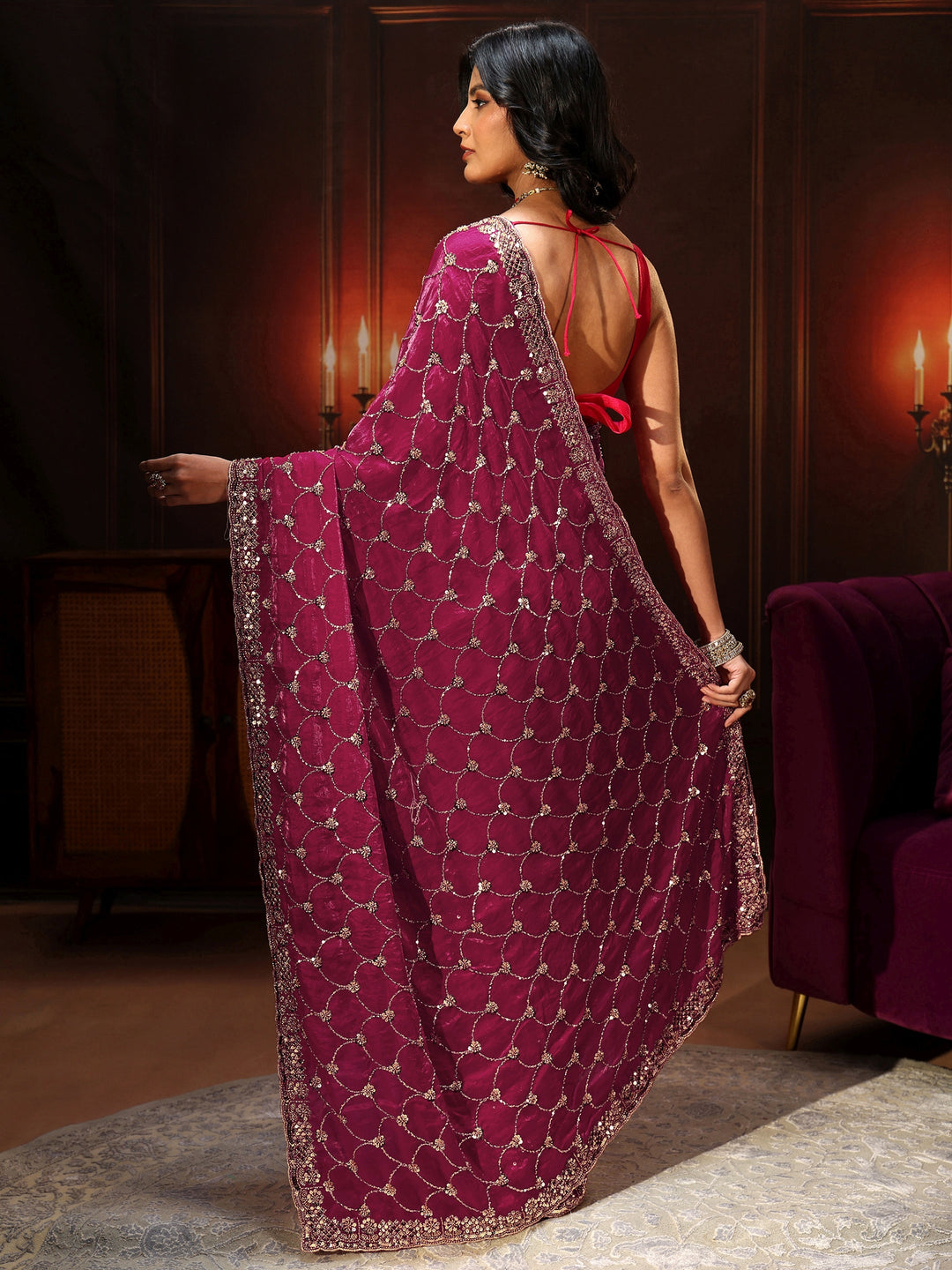  Libas Art Raspberry Pink Embellished Tissue Saree 