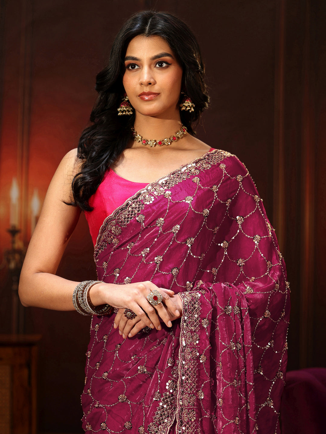 Libas Art Raspberry Pink Embellished Tissue Saree 