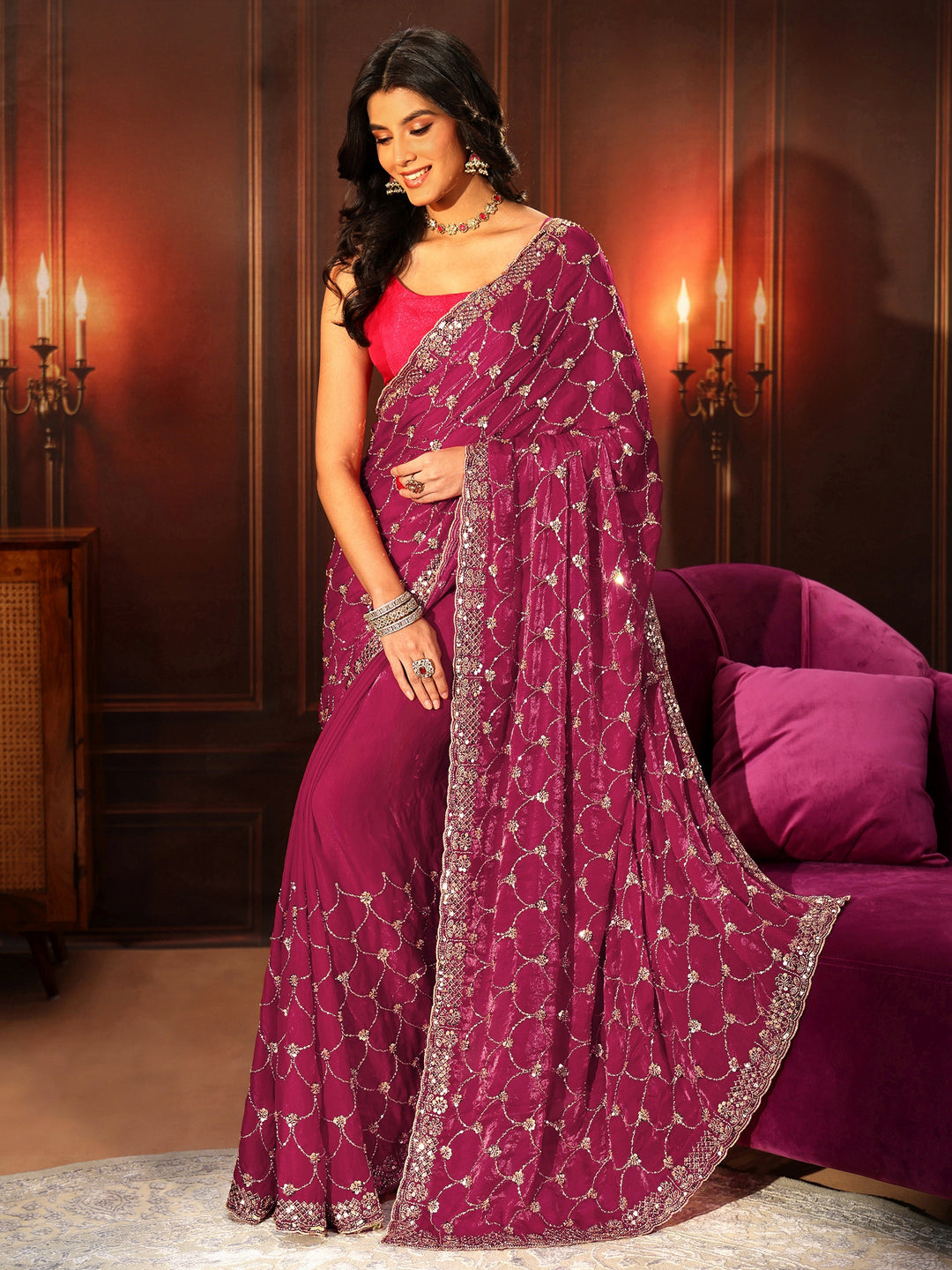  Libas Art Raspberry Pink Embellished Tissue Saree 