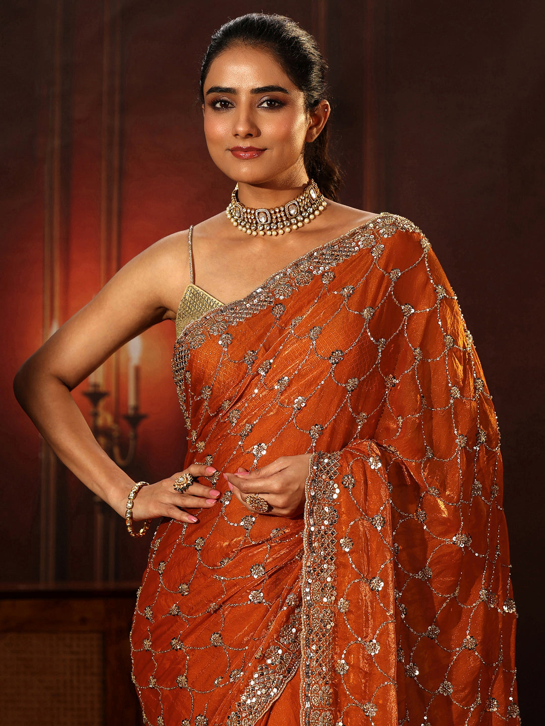  Libas Art Orange Embellished Tissue Saree 