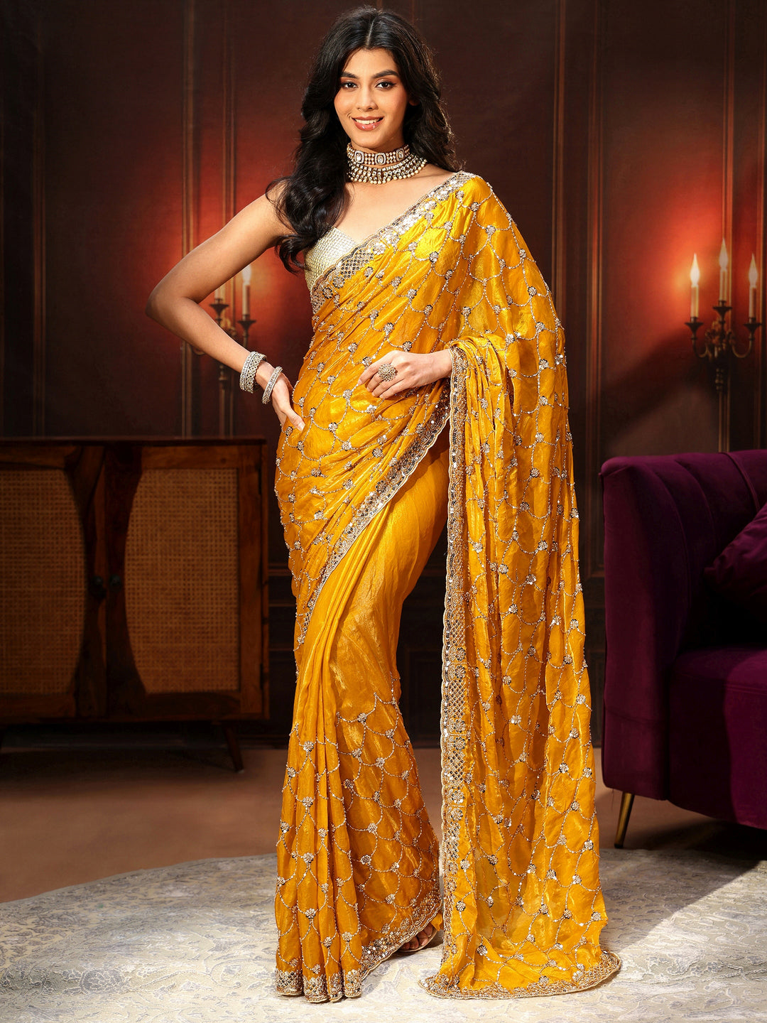  Libas Art Mustard Embellished Tissue Saree 