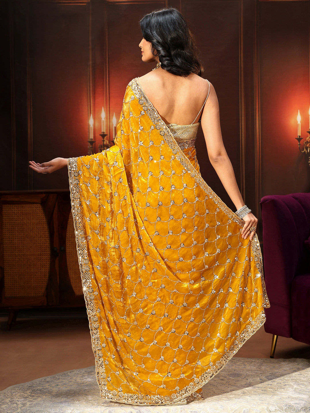  Libas Art Mustard Embellished Tissue Saree 