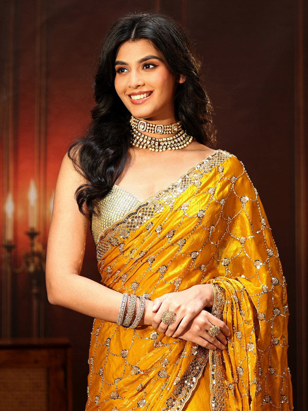  Libas Art Mustard Embellished Tissue Saree 