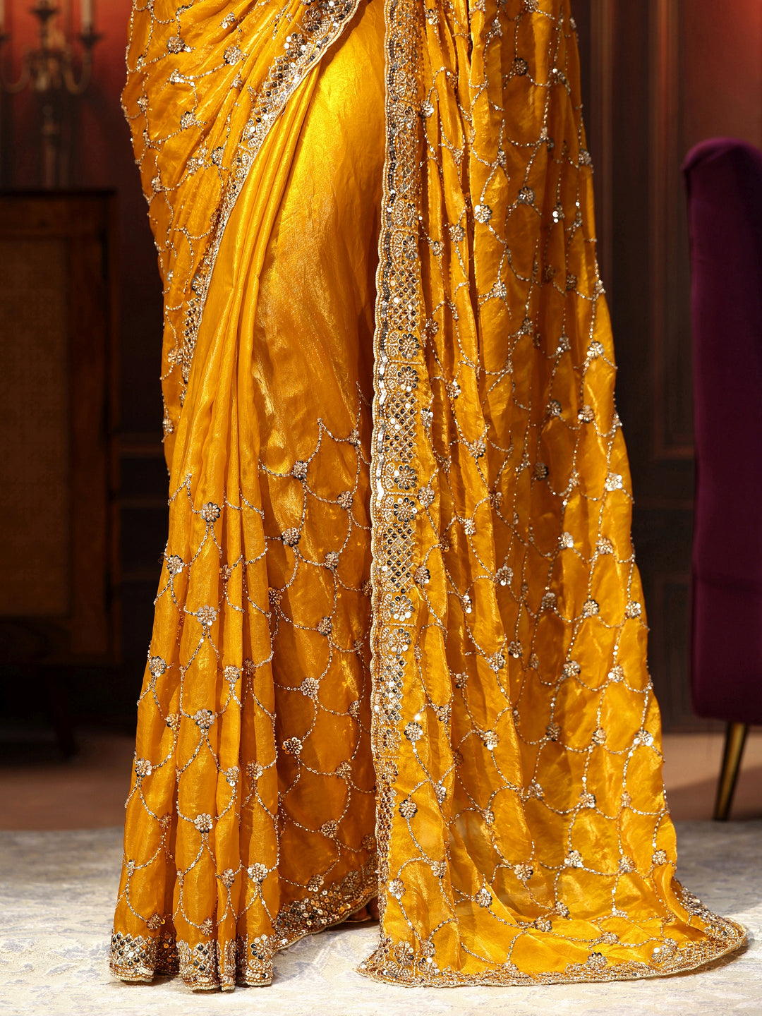  Libas Art Mustard Embellished Tissue Saree 