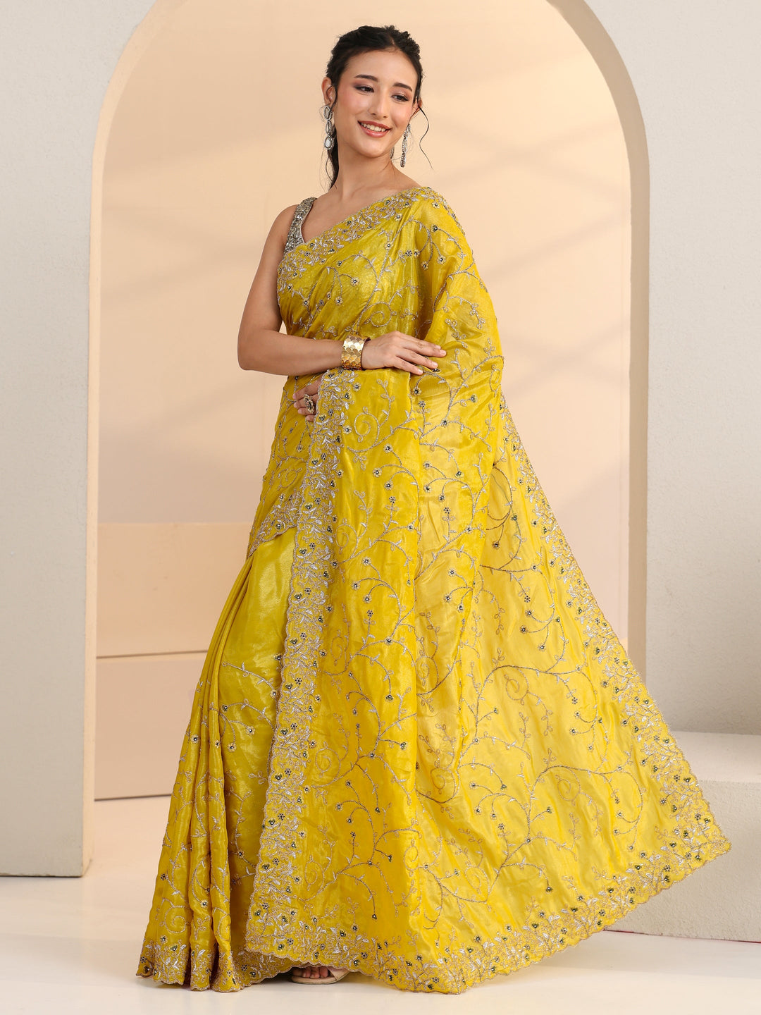  Libas Mustard Floral Embroidered Satin Saree 